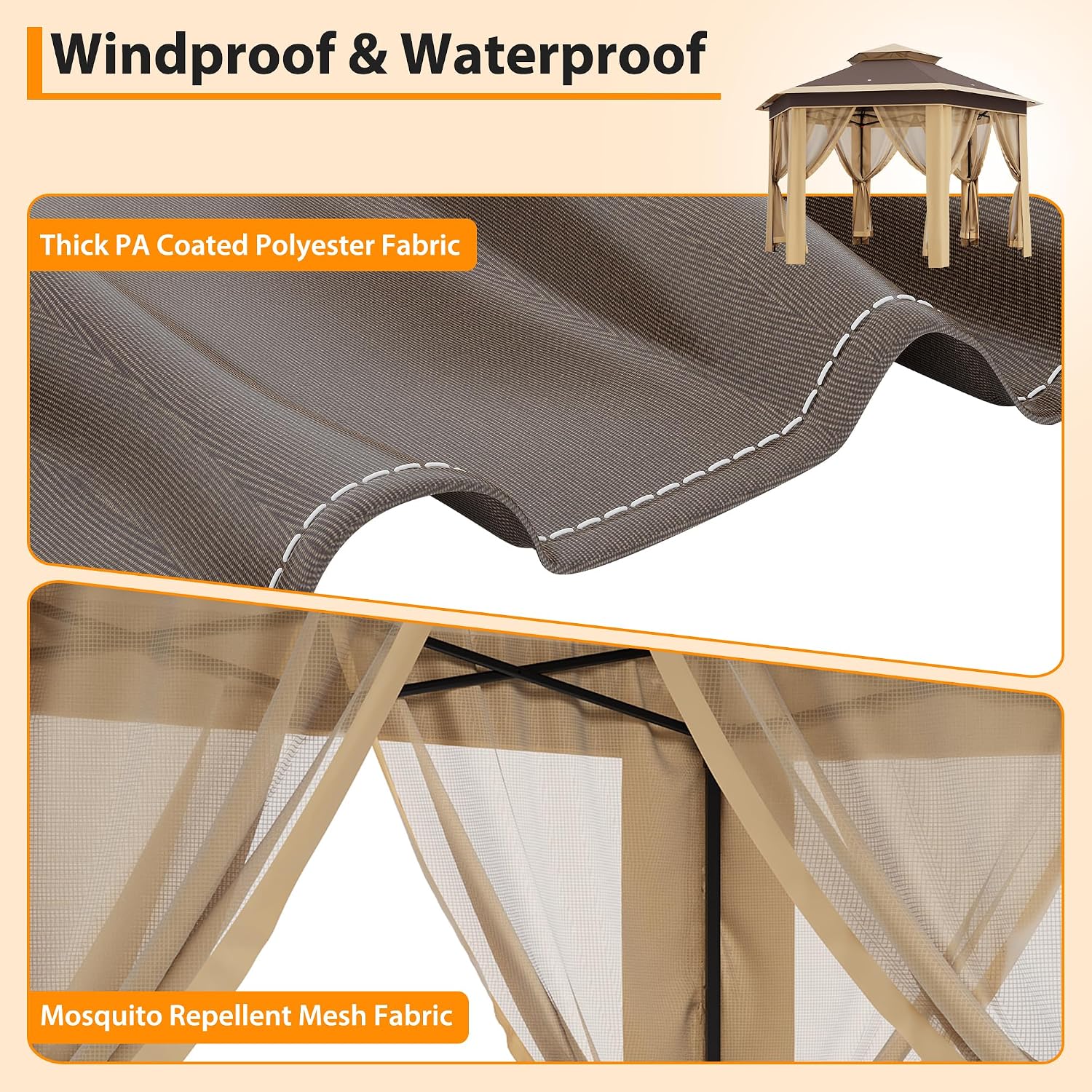 Pop-Up Gazebo 13 * 13 ft 6 Sided, Canopy Tent with Mesh Windows & Portable Carry Bag, Adjustable Tent Outdoor Pergola for Backyard & Patio Furniture (Khaki)