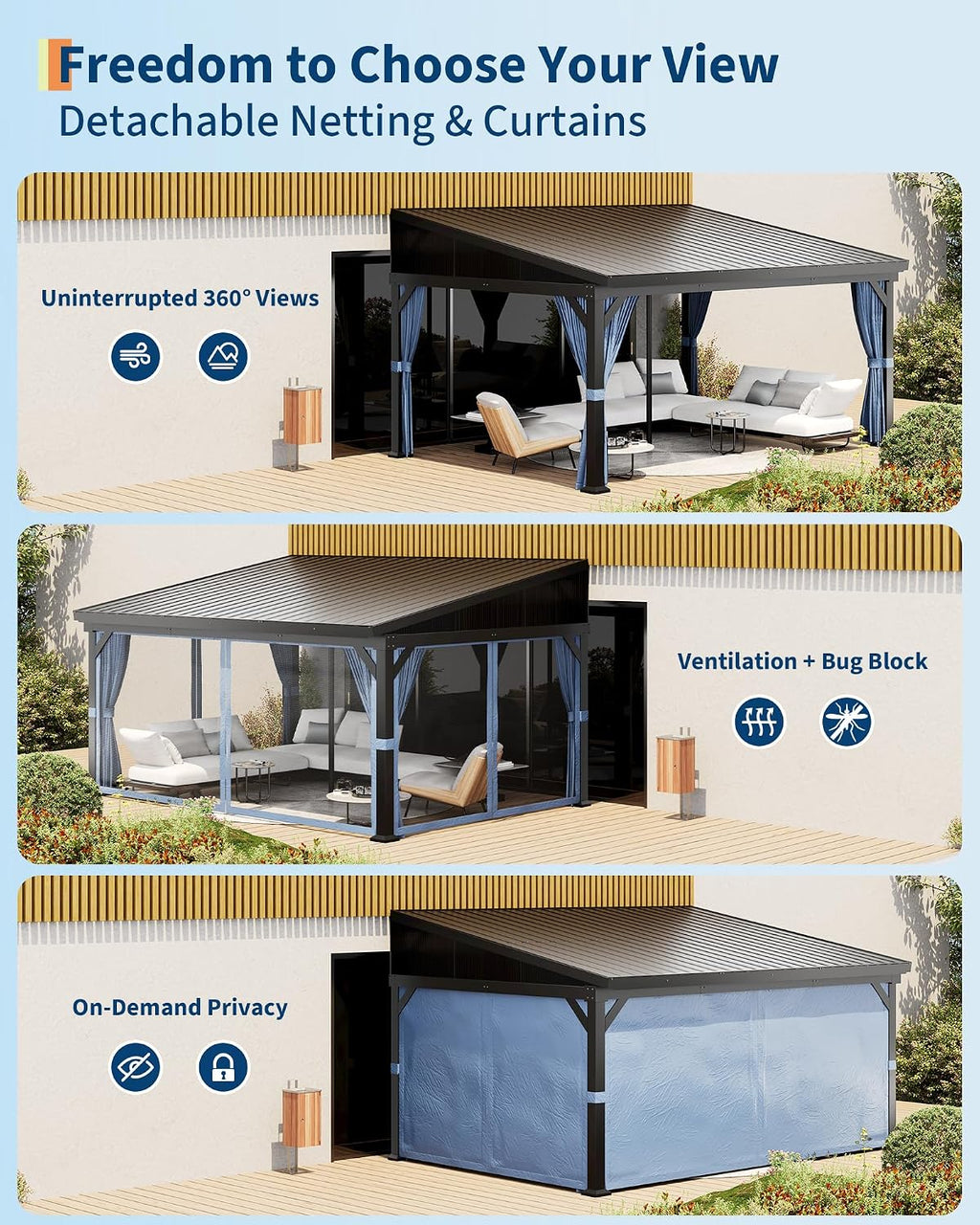 10'x14' Wall-Mounted Lean-to Gazebo with Galvanized Steel Roof, Gutters & Sliding Netting/Curtains – Hardtop Metal Pergola Canopy for Patio, Backyard, Garden, or Carport – Weather-Resistant & Durable