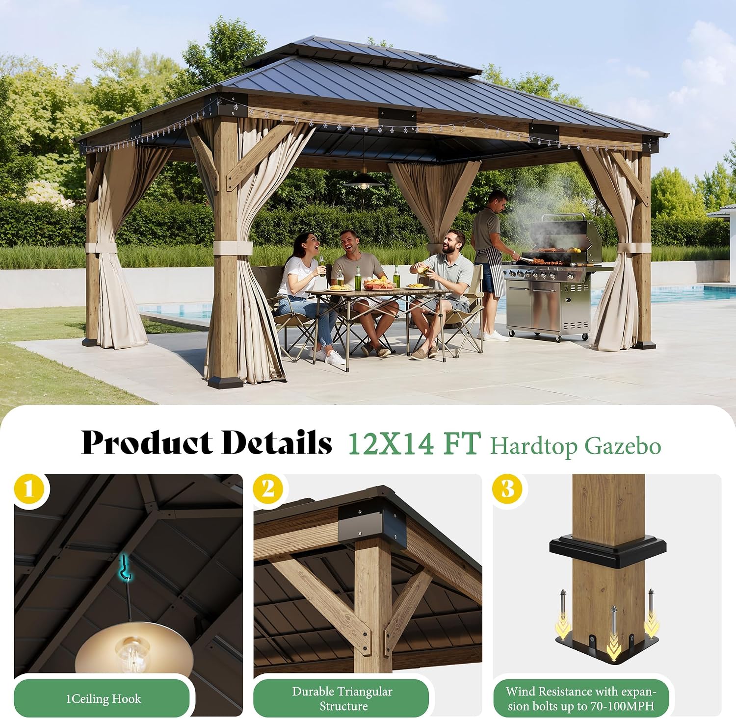 AMERLIFE 12' x 14' Heavy Duty Hardtop Gazebo with Double Metal Roof, Wood Gazebo with Privacy Curtains & Mosquito Netting, Outdoor Pavilion for Backyard, Garden & Patio, Brown