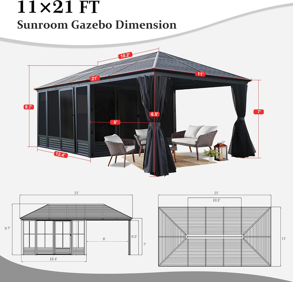 Domi 11x21FT Outdoor Sunroom, All Season Solarium Gazebo with Galvanized Steel Roof, Detachable PE Screen, 2 Lockable Sliding Door, Hardtop Gazebo with Netting and Curtains for Patio Deck Garden