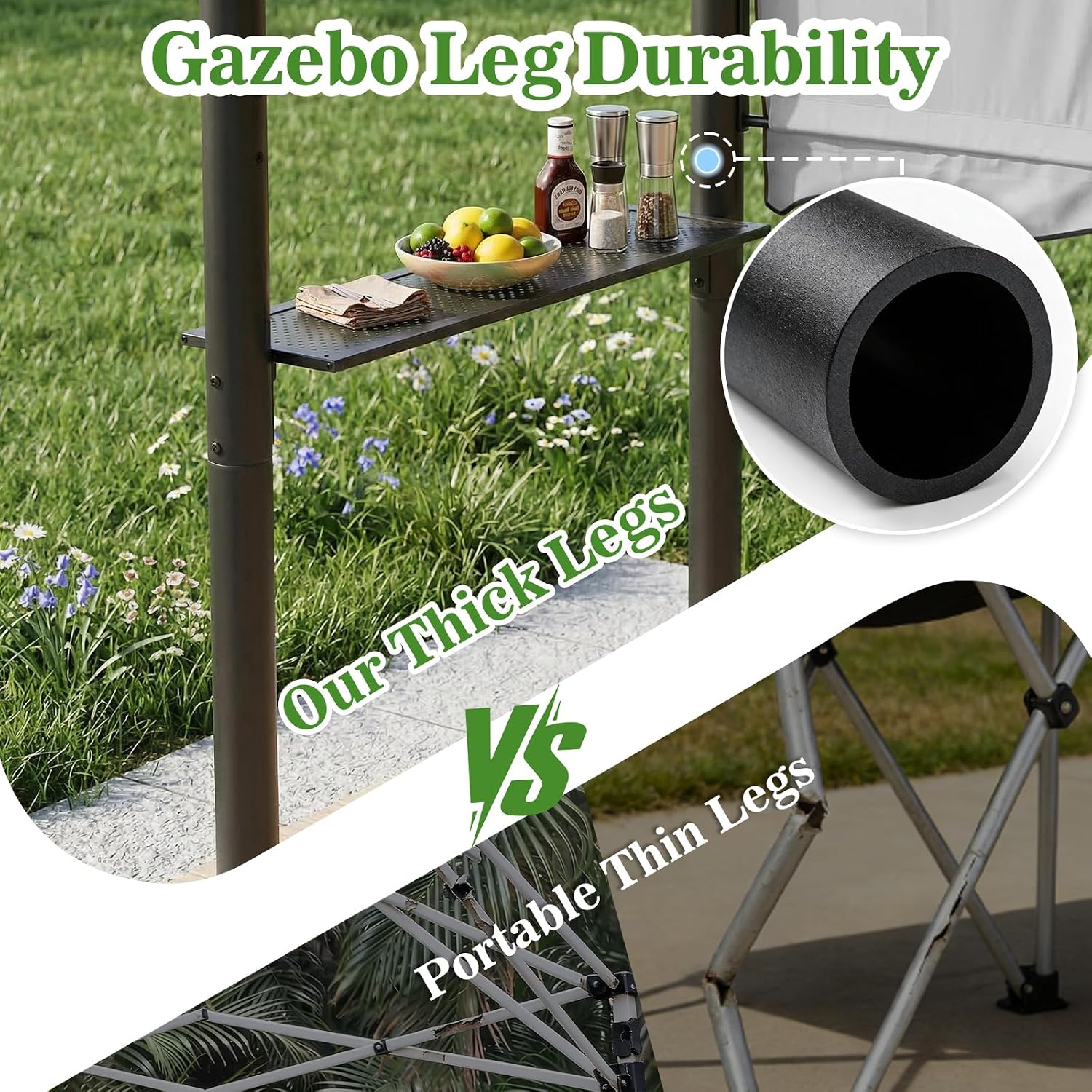 CHARMELEON 8x8 FT Grill Gazebo, Grill Canopy with Big Awning&2 Side Shelves&6 Hooks&Bottle Opener, Powder-Coated Steel BBQ Shelter for Patio Backyard Outdoor Grilling-Light Gray