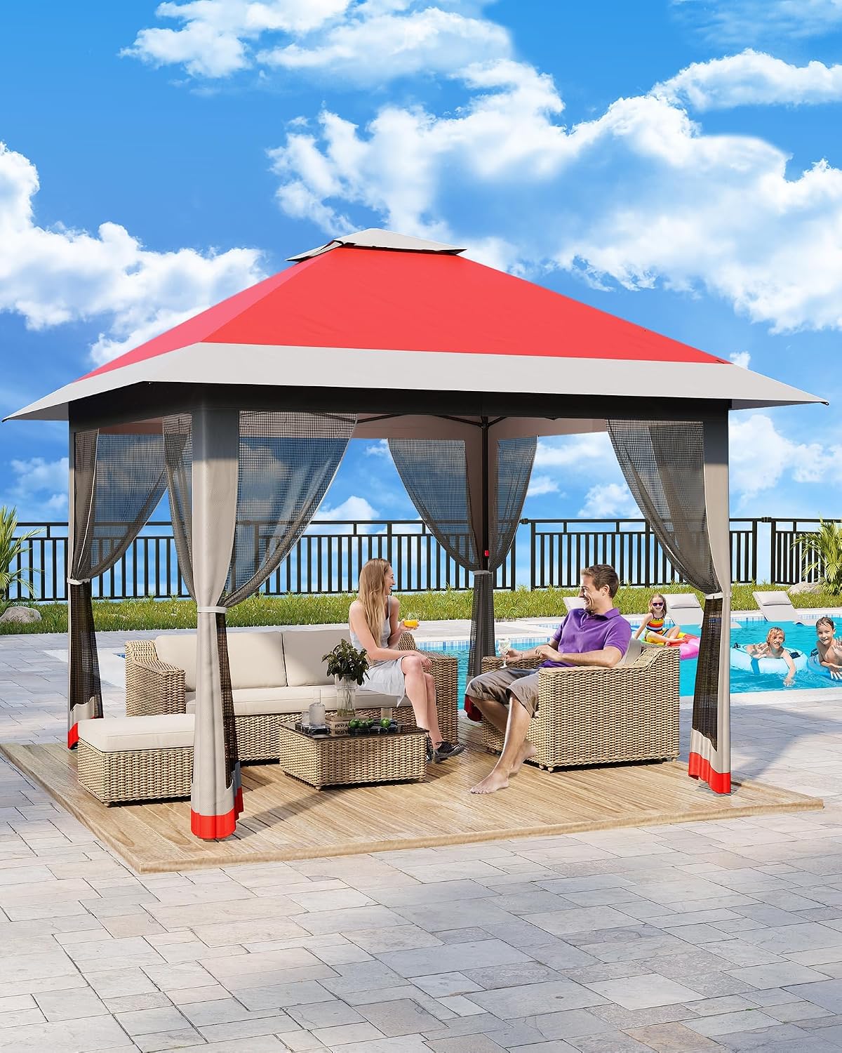 13x13ft Popup Hexagonal Gazebo with Mosquito Net, Adjustable Outdoor Hexagonal Canopy with Portable Handbag for Garden/Backyard/Patio - Gray (Red)