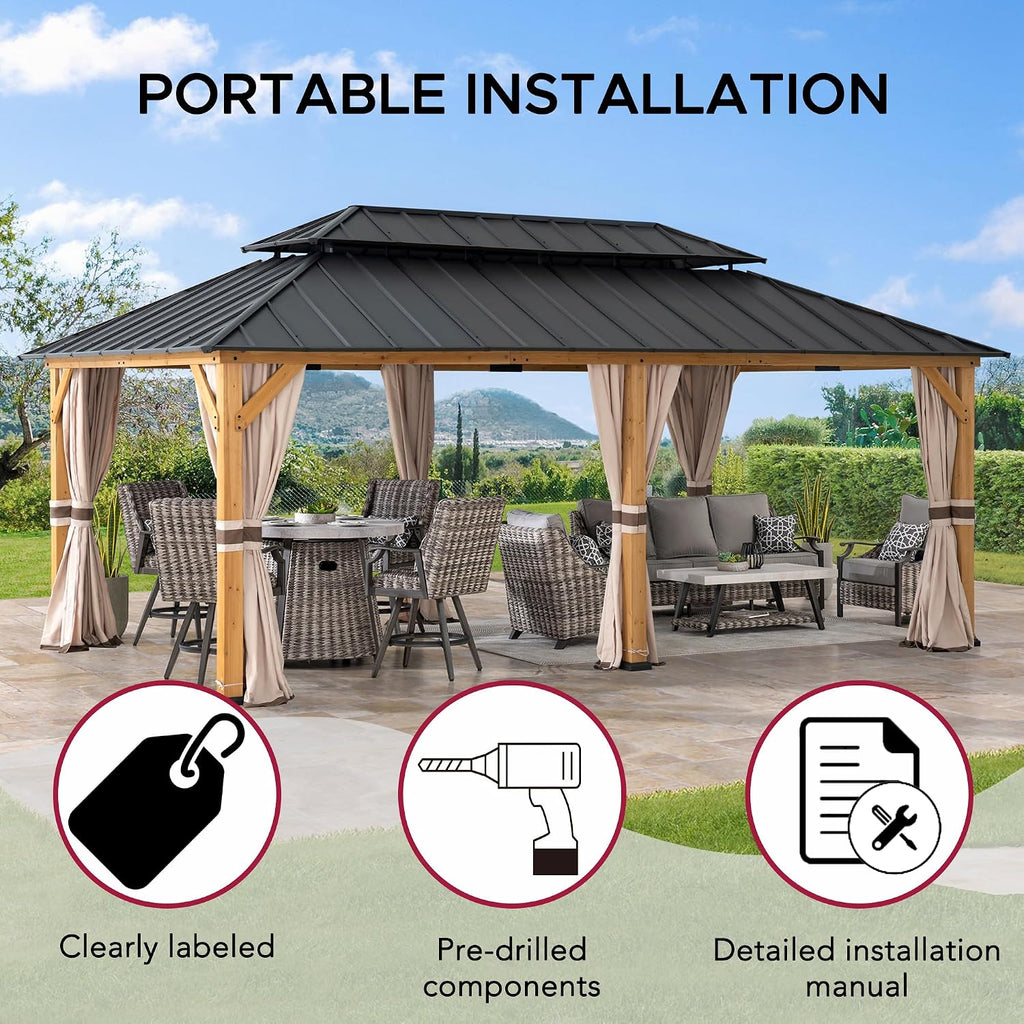 SUNJOY 12x20 Hardtop Wood Gazebo with Galvanized Steel Roof and Curtains, Outdoor Permanent Pavilion Cedar Gazebo for Backyard, Garden, Patio, Deck, Lawn