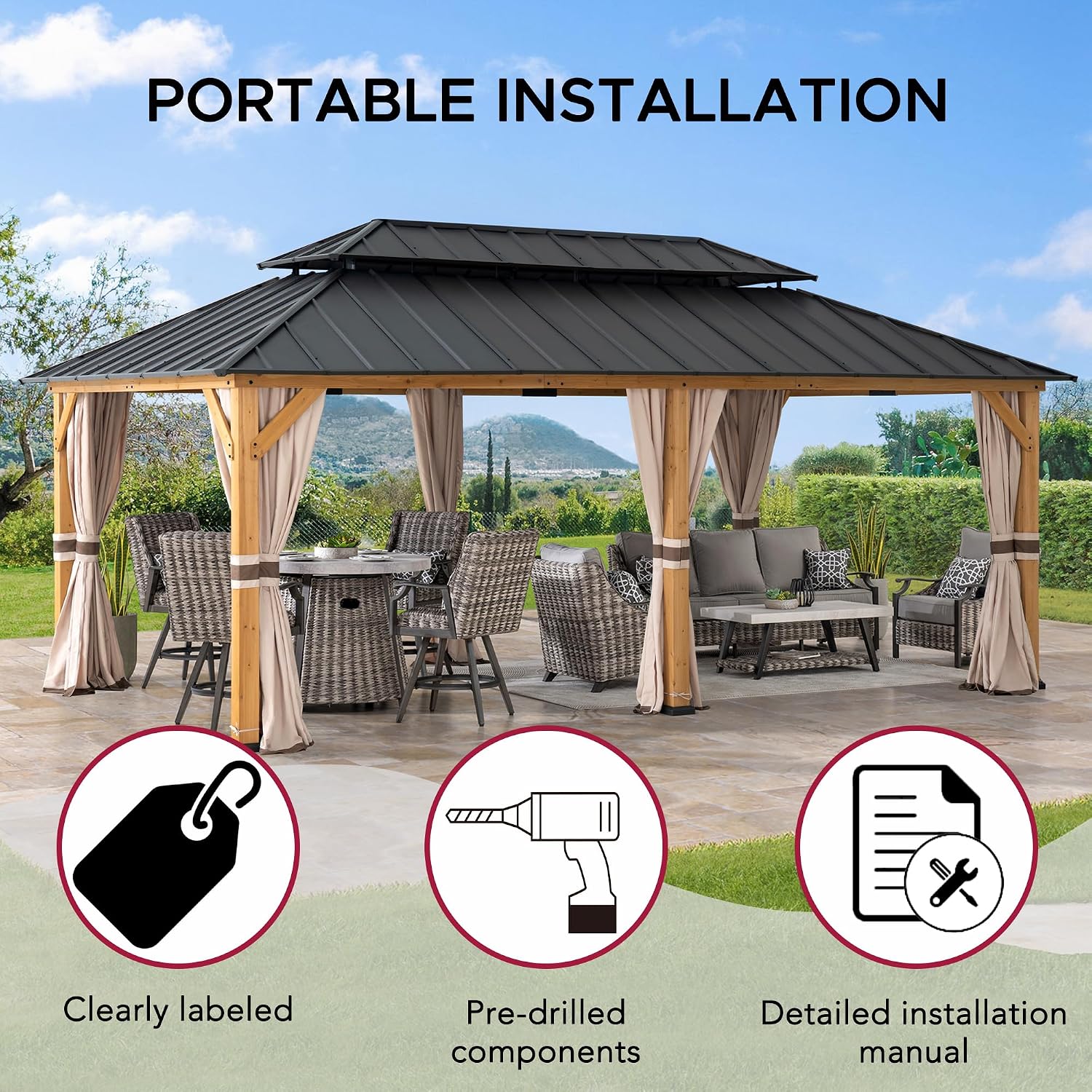 SUNJOY 12x20 Hardtop Wood Gazebo with Galvanized Steel Roof and Curtains, Outdoor Permanent Pavilion Cedar Gazebo for Backyard, Garden, Patio, Deck, Lawn