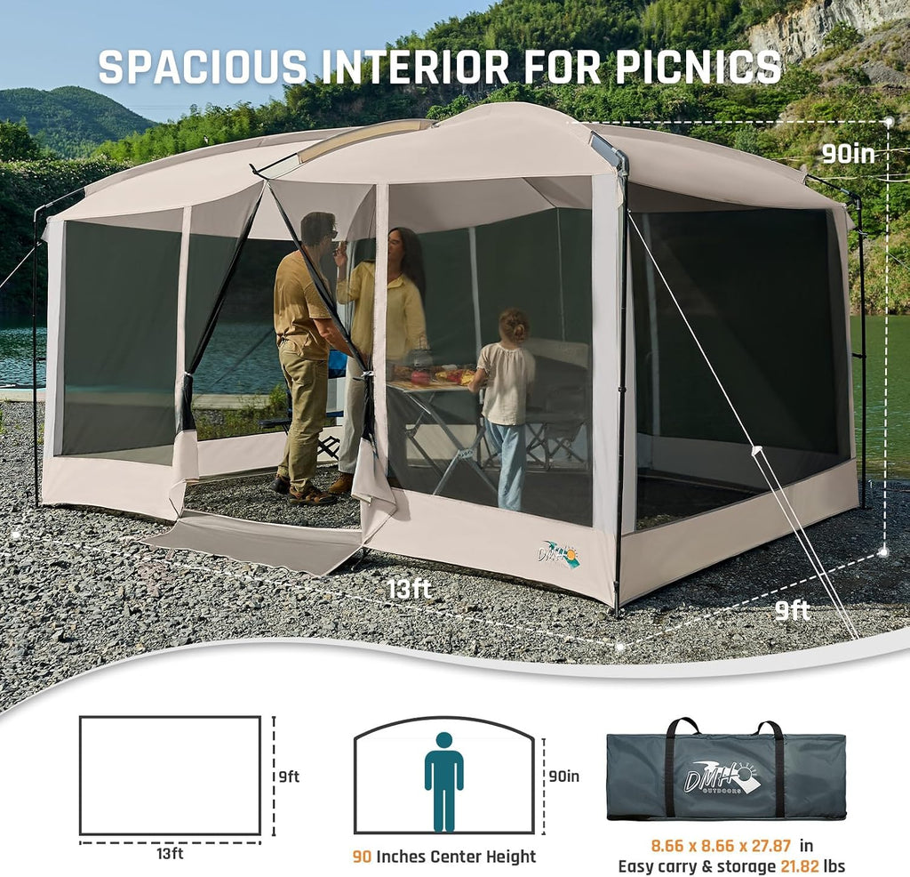 Magnetic Screen House Tent 13x9ft Screen Room Mesh Gazebos w/ 2 Magnetic Doors, Included Projection Screen, Camping Tent Screened Canopy Shelter for Outdoor Patios Backyards Activities (Beige)
