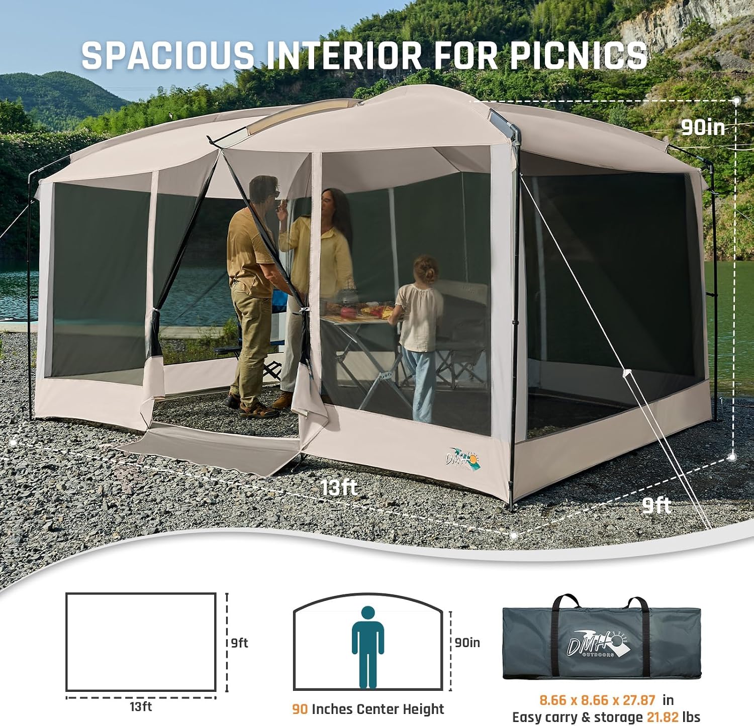 Magnetic Screen House Tent 13x9ft Screen Room Mesh Gazebos w/ 2 Magnetic Doors, Included Projection Screen, Camping Tent Screened Canopy Shelter for Outdoor Patios Backyards Activities (Beige)