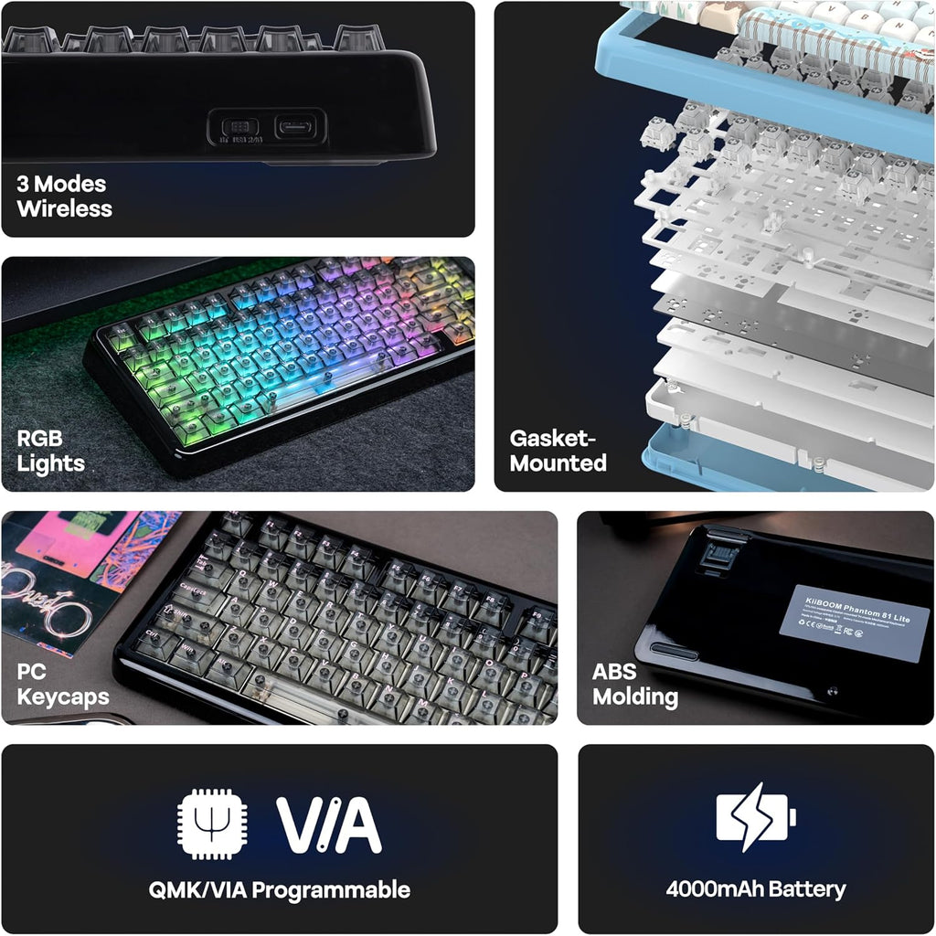 KiiBoom Phantom81 Lite 75% Gasket Mechanical Keyboard, QMK&VIA Programmable, 3 Modes Wireless Gaming Keyboard, RGB Backlights, ABS Case + UV Tech, Hot-Swappable for Windows/Mac/Linux (Black)
