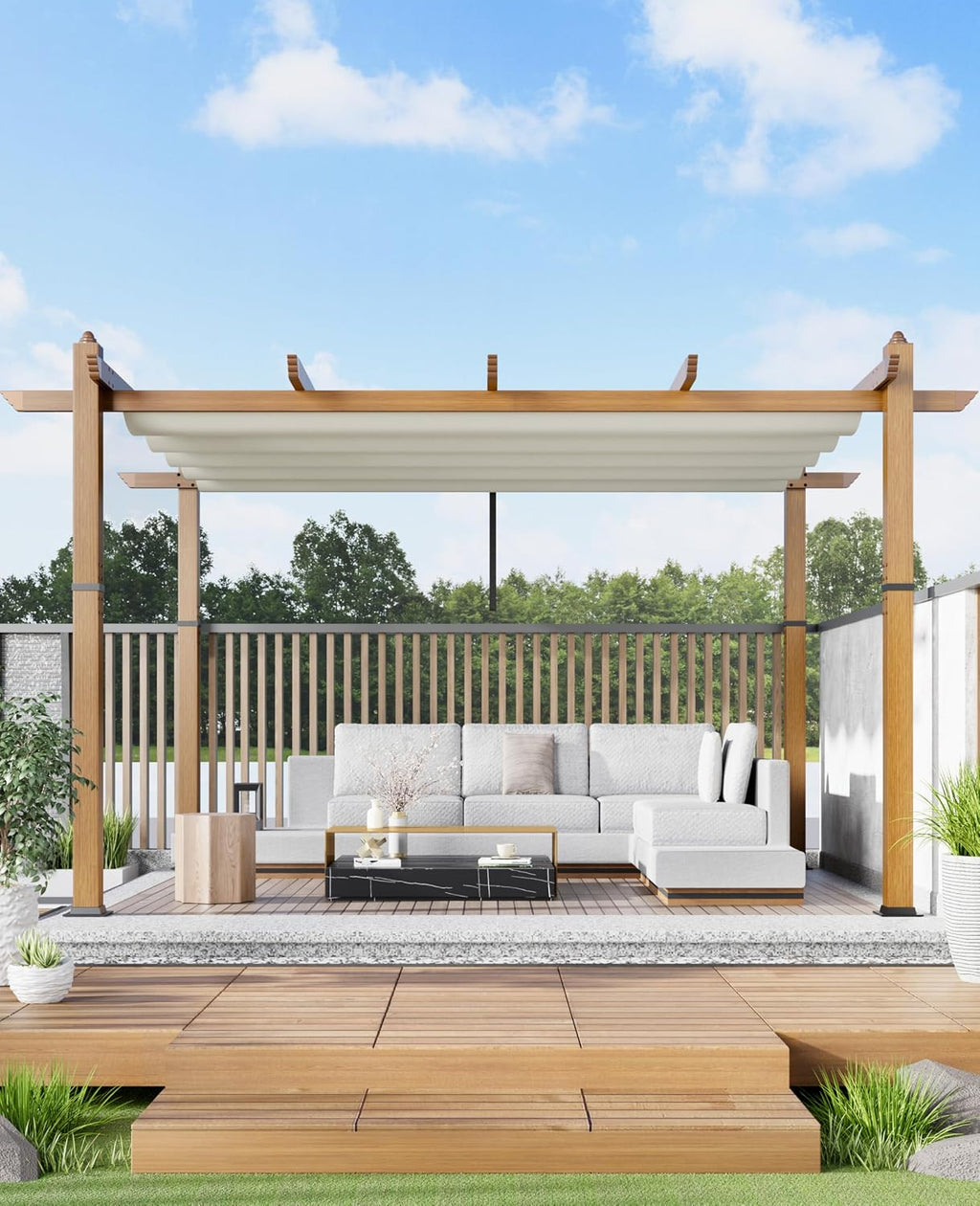 Garvee 10x13 ft Outdoor Pergola with Retractable Canopy – Upgraded Aluminum Faux Wood Grain Metal Patio Pergola for Modern Backyard Deck, Porch, Grape Trellis in Beige