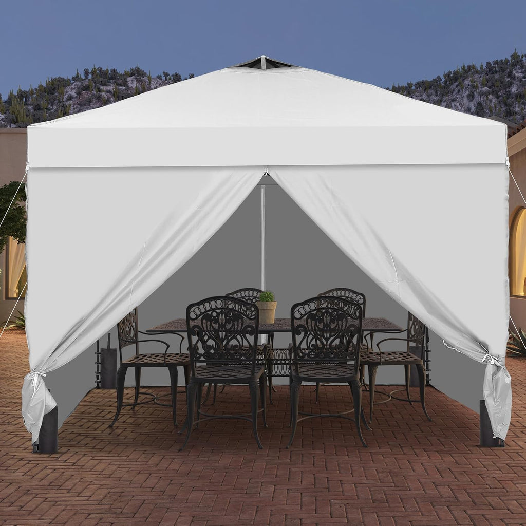 10x10 Pop Up Canopy Tent with One Push Setup, Portable Sun Shade Tent, Instant Easy Up Canopy with 4-Sidewalls & Wheeled Bag, Outdoor Fldable Gazebo with Vent Top, White.