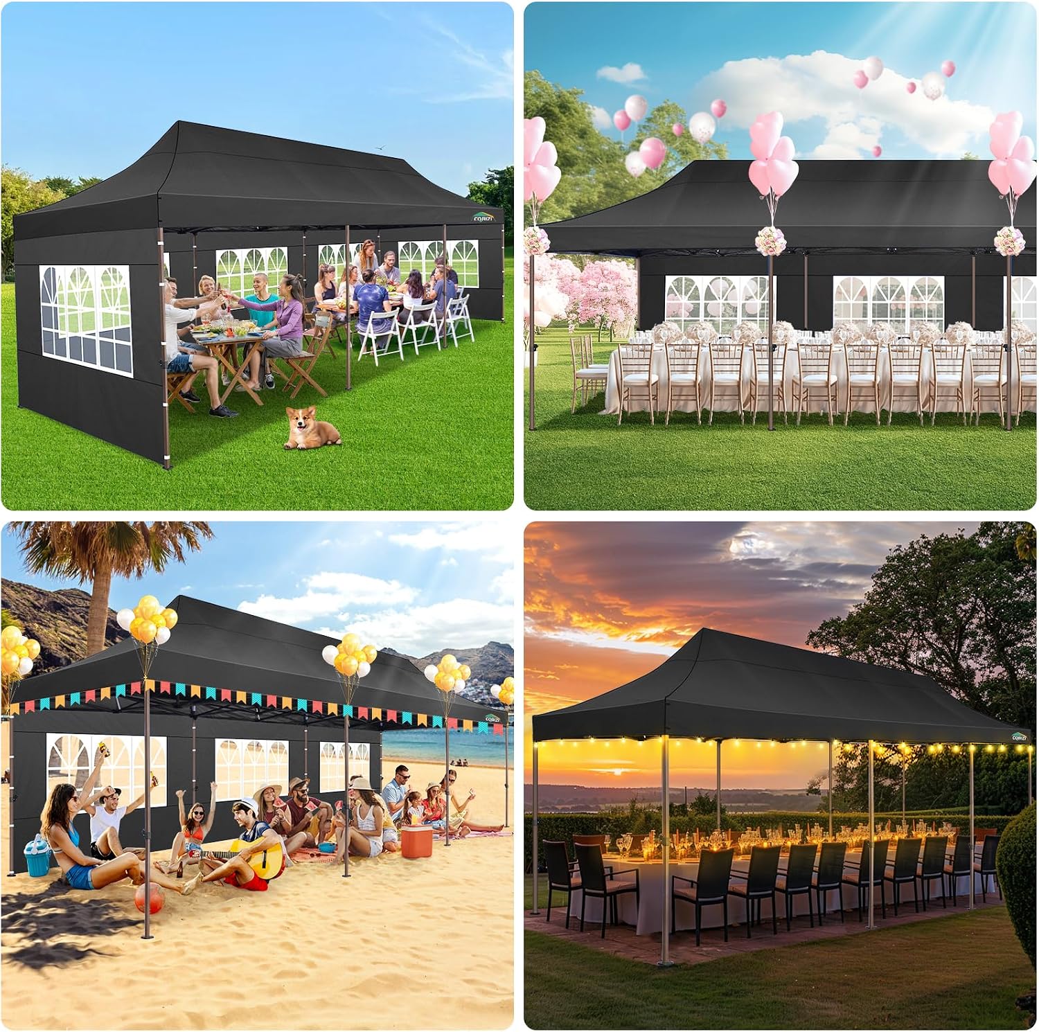 COBIZI 10x30 Pop Up Heavy Duty Canopy with 8 Sidewalls and Hexagonal Legs, Easy up Tent for Party, Wedding and Commercial, Outdoor Canopy with Roller Bag, Sand Bags, Waterproof & UPF50+ (Black)