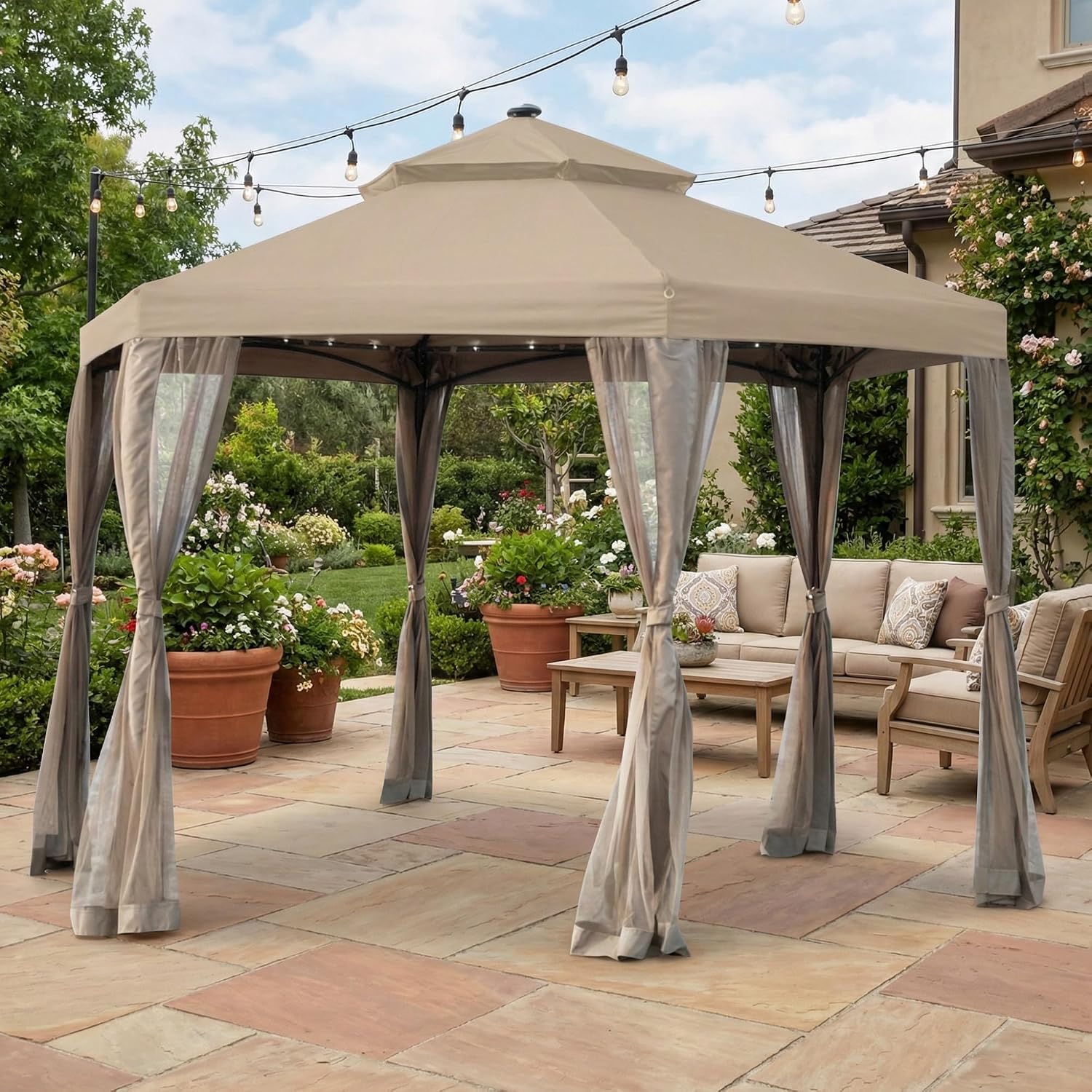 Garden Winds Reinforced RipLock 350 Replacement Canopy Top Cover Compatible with Hexagon Solar 10' Gazebo Model GFS00679B - Beige
