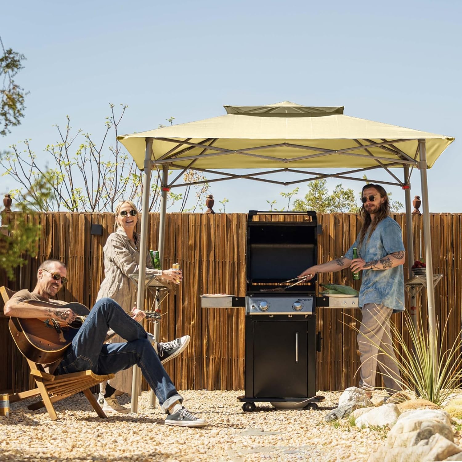 Crown Shades 8x5 Grill Gazebo - Pop Up Canopy for BBQ and Backyard Patio - Easy Outdoor Barbecue Shade Cover with Double Tier Vented Top & 2 Side Shelves (Beige)