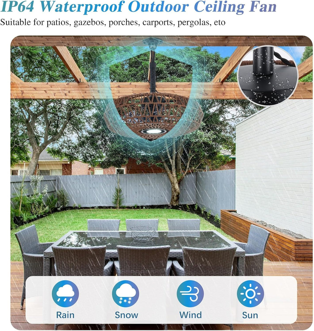 She's home 20'' Outdoor Gazebo Fan with Lights and Remote, Outside/Indoor Hanging Rattan Ceiling Fan, 3CCT Dimmable, 6-Speed DC Motor, Plug-in Wicker Woven Caged Ceiling Fans for Patio Porch Pergola