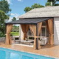 Aoxun 10'x12' Lean to Gazebo with Mosquito Net and Curtains, Aluminum Frame, Polycarbonate Panel, Wall Mounted Pergola with Sloped Roof for Backyard, Porch, Deck