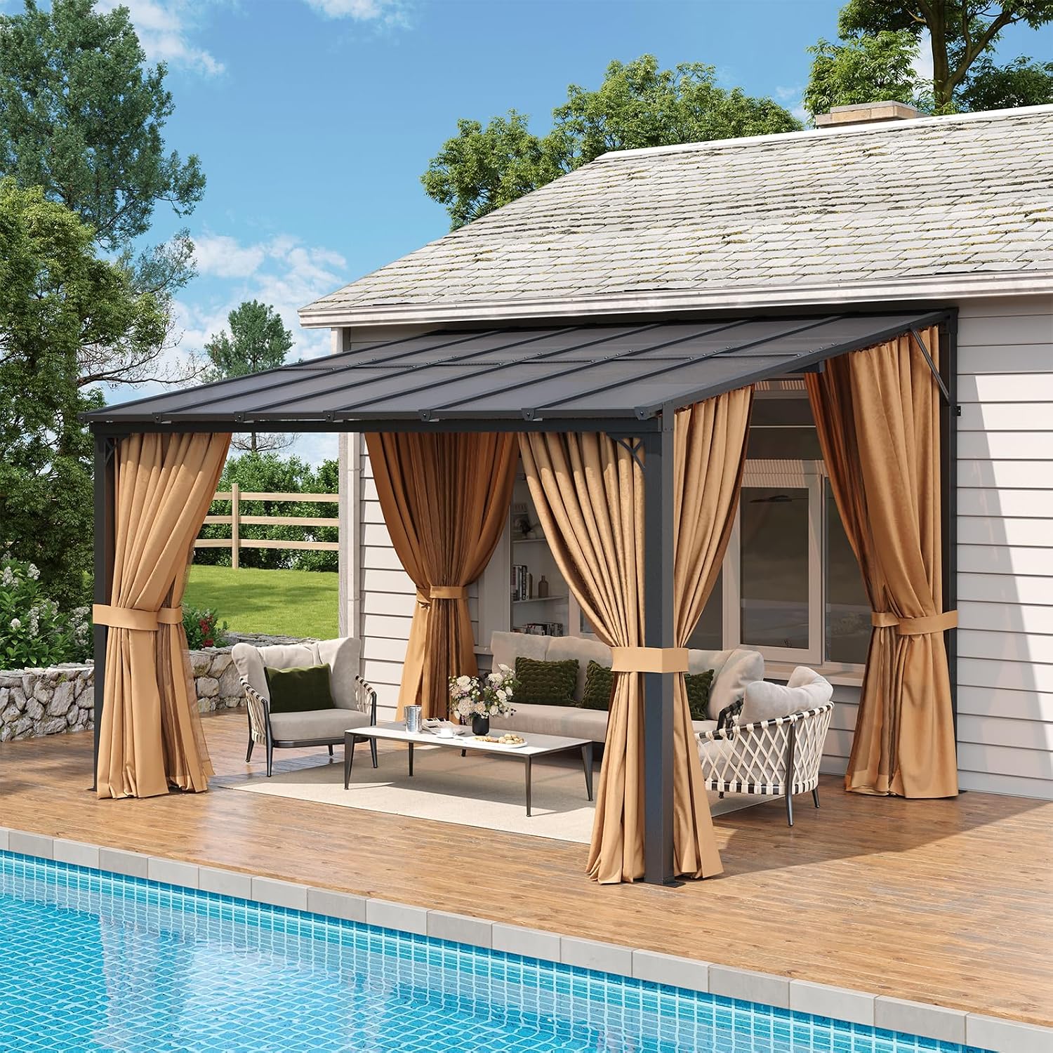 Aoxun 10'x12' Lean to Gazebo with Mosquito Net and Curtains, Aluminum Frame, Polycarbonate Panel, Wall Mounted Pergola with Sloped Roof for Backyard, Porch, Deck