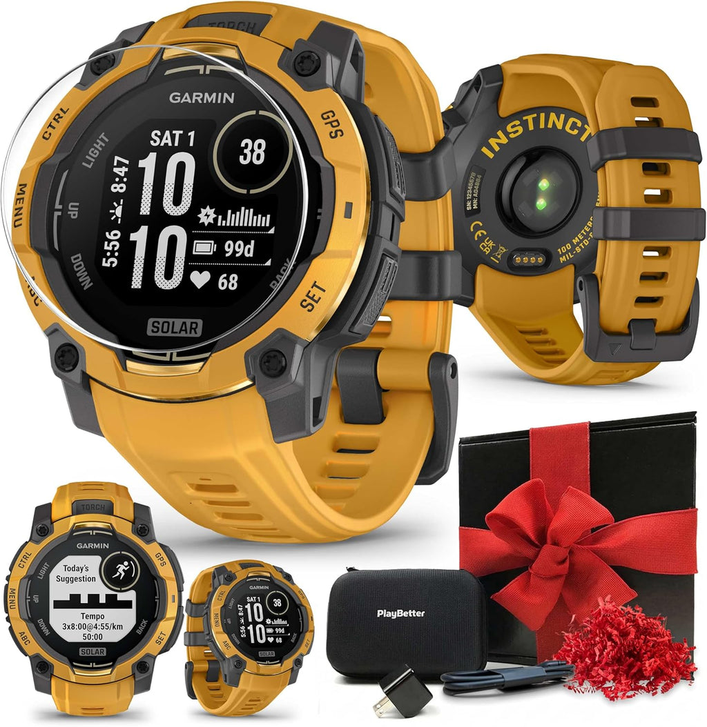 PlayBetter Garmin Instinct 3 Alpine Rush Solar (Sunburst/Gray, 45 mm) Outdoor GPS Smartwatch Gift Box Bundle - Built-in Flashlight, 24/7 Health & Wellness Screen Protectors, Wall Adapter & Case