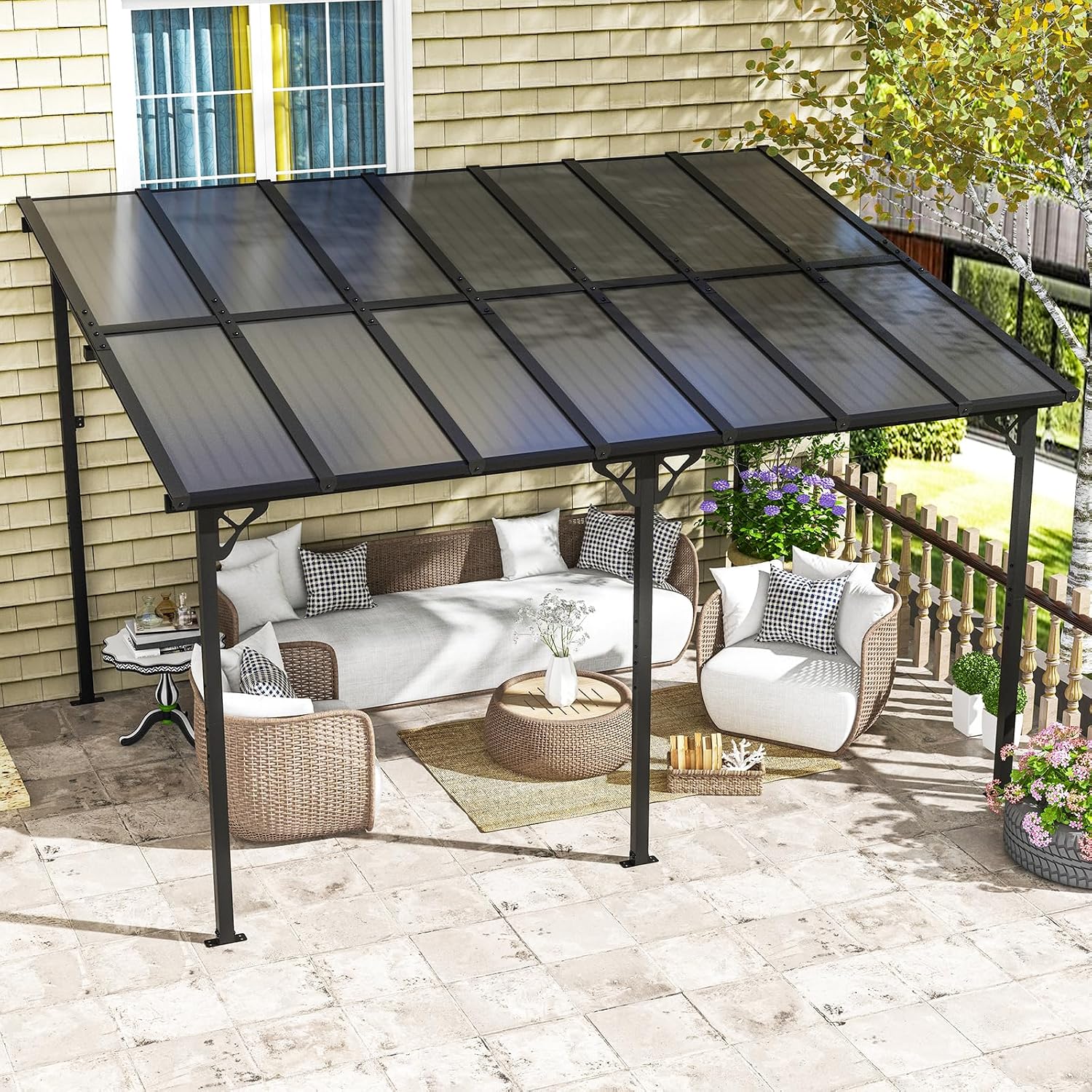 10' x 14' Gazebo for Patio, Gazebo Pergola with Sloped Roof, Large Wall-Mounted Heavy Duty Awnings, for Backyard, Patio, Deck and More