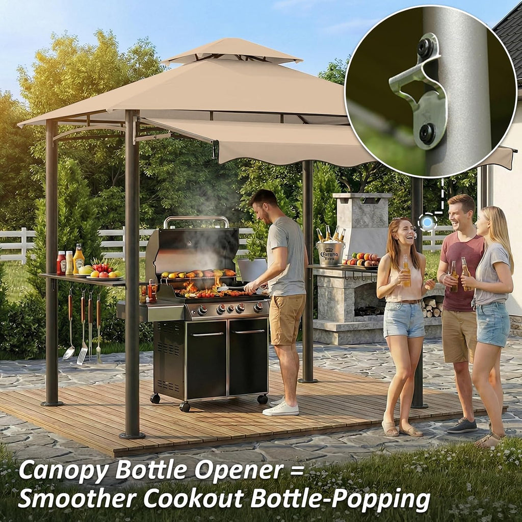 CHARMELEON 8x8 FT Grill Gazebo, Grill Canopy with Big Awning&2 Side Shelves&6 Hooks&Bottle Opener, Powder-Coated Steel BBQ Shelter for Patio Backyard Outdoor Grilling-Khaki