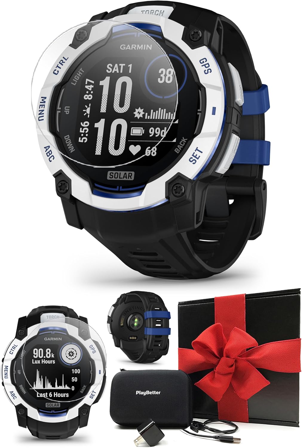 PlayBetter Garmin Instinct 3 Solar (Whitestone/Bolt Blue, 50mm) Outdoor GPS Smartwatch Gift Box Bundle - Bolted Construction, Unlimited Battery Life HD Screen Protectors, Wall Adapter & Case