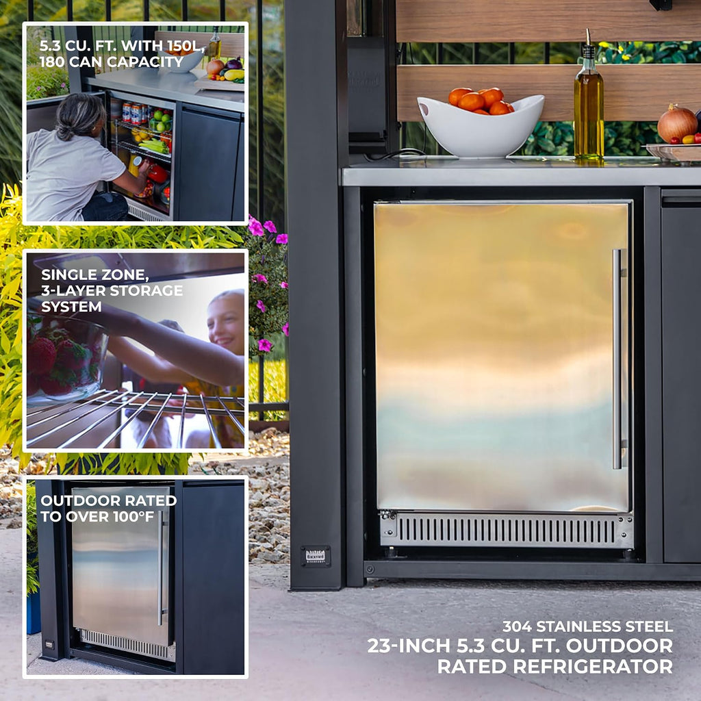 Backyard Discovery Fusion Flame Galvanized Steel Covered Outdoor Kitchen with 5-Burner Stainless, Grill, Refrigerator, Countertop, Storage, and, Roof for All-Season Outdoor Cooking, electric