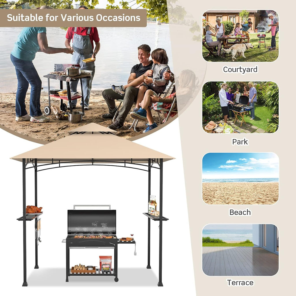 Tangkula 8x5 Ft Grill Gazebo, Double Tiered Outdoor BBQ Gazebo with 2 Side Shelves, 5 Hooks, Bottle Opener, Barbecue Grill Gazebo Shelter for Patio, Garden, Beach, Backyard (Khaki)