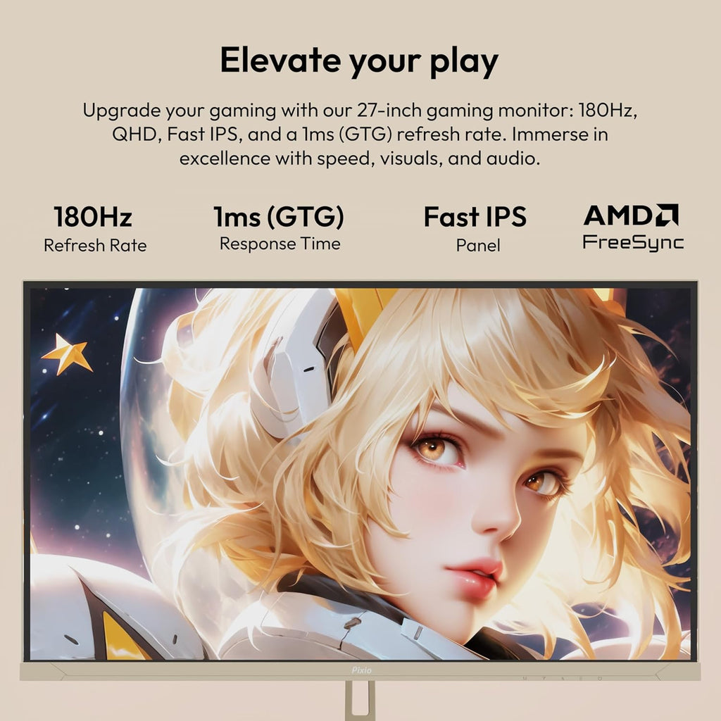 Pixio PX278 Wave Beige 27 inch 180Hz Refresh Rate Quad HD 1440p Resolution Fast IPS Panel 1ms GTG Response Time Built-in Speakers Gaming Monitor with AMD FreeSync