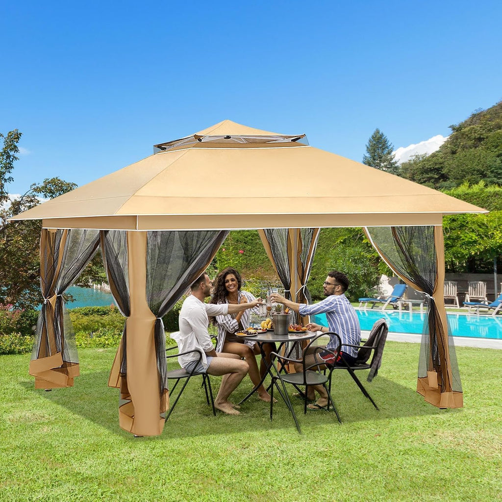 ECOTOUGE Canopy Tent with Sidewalls Instant Shelter Canopy with Carrying Roller Bag, Outdoor Party Gazebo with Waterproof and UV Resistant for Parties, Camping, Picnic (Khaki 12FT)