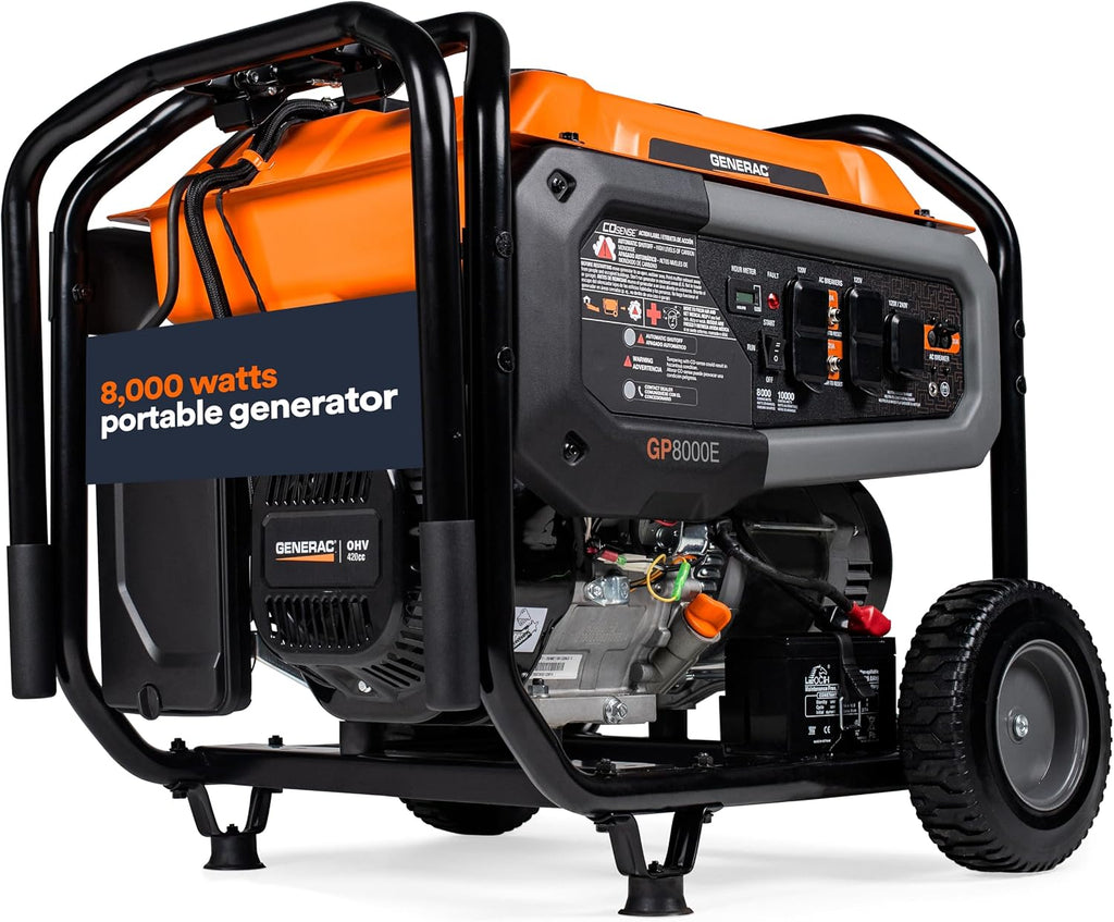 Generac 8,000-Watt Gas-Powered Portable Generator - COsense Technology - Powerrush Advanced Technology - Power for Emergencies and Recreation - Electric Start - Orange/Black - 50 State Compliant