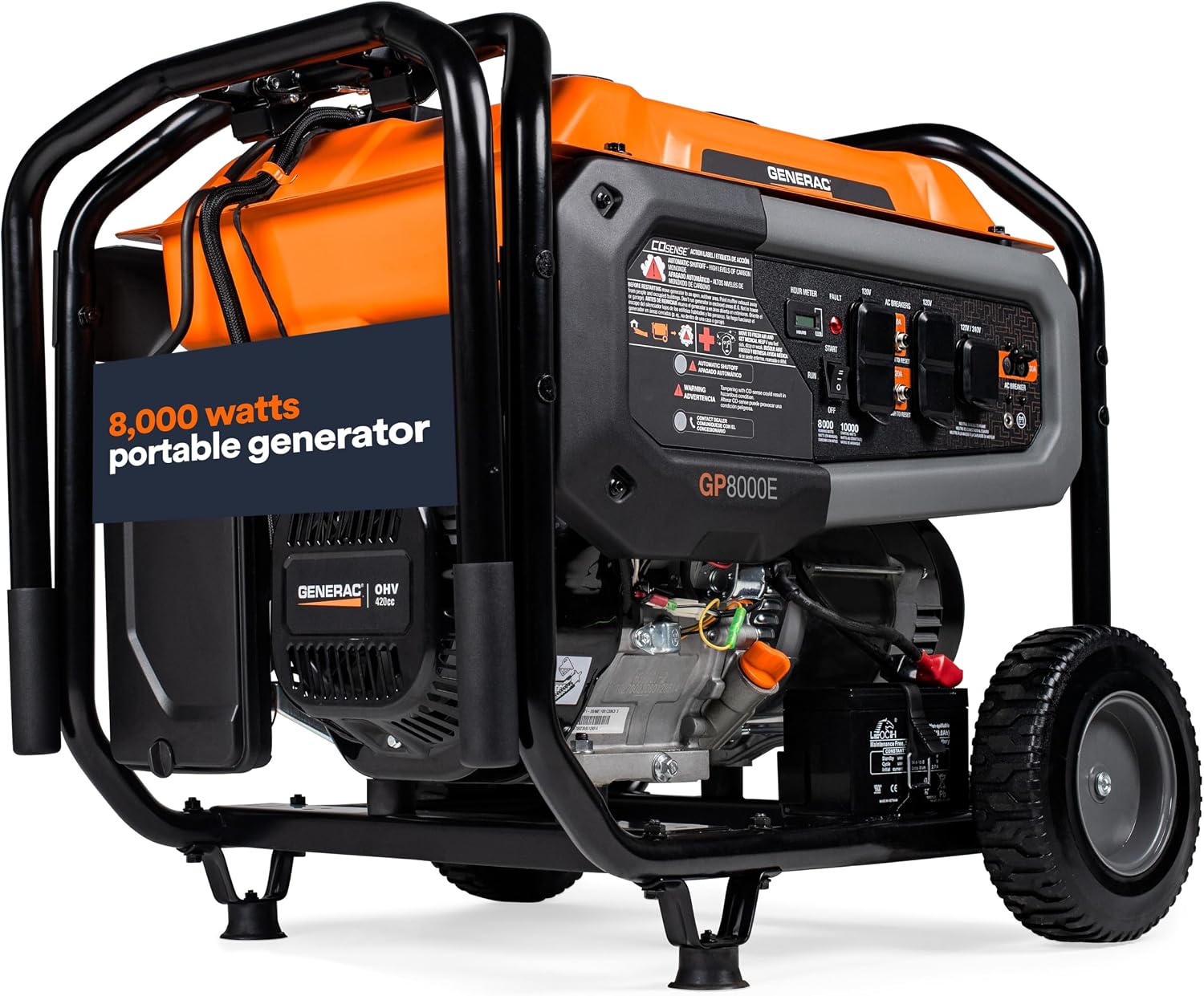 Generac 8,000-Watt Gas-Powered Portable Generator - COsense Technology - Powerrush Advanced Technology - Power for Emergencies and Recreation - Electric Start - Orange/Black - 50 State Compliant