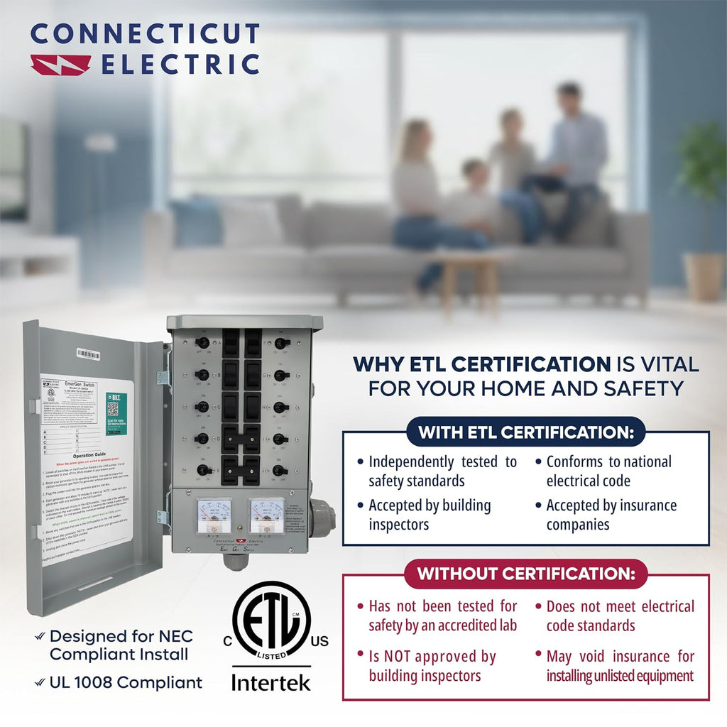 Connecticut Electric EmerGen Manual Transfer Switch Kit 30 Amp, 50 Foot Cord, 10-Circuit, 7500 Watts, EGS107501G2K50 for Portable Generator (with 50 FT Generator Cord)