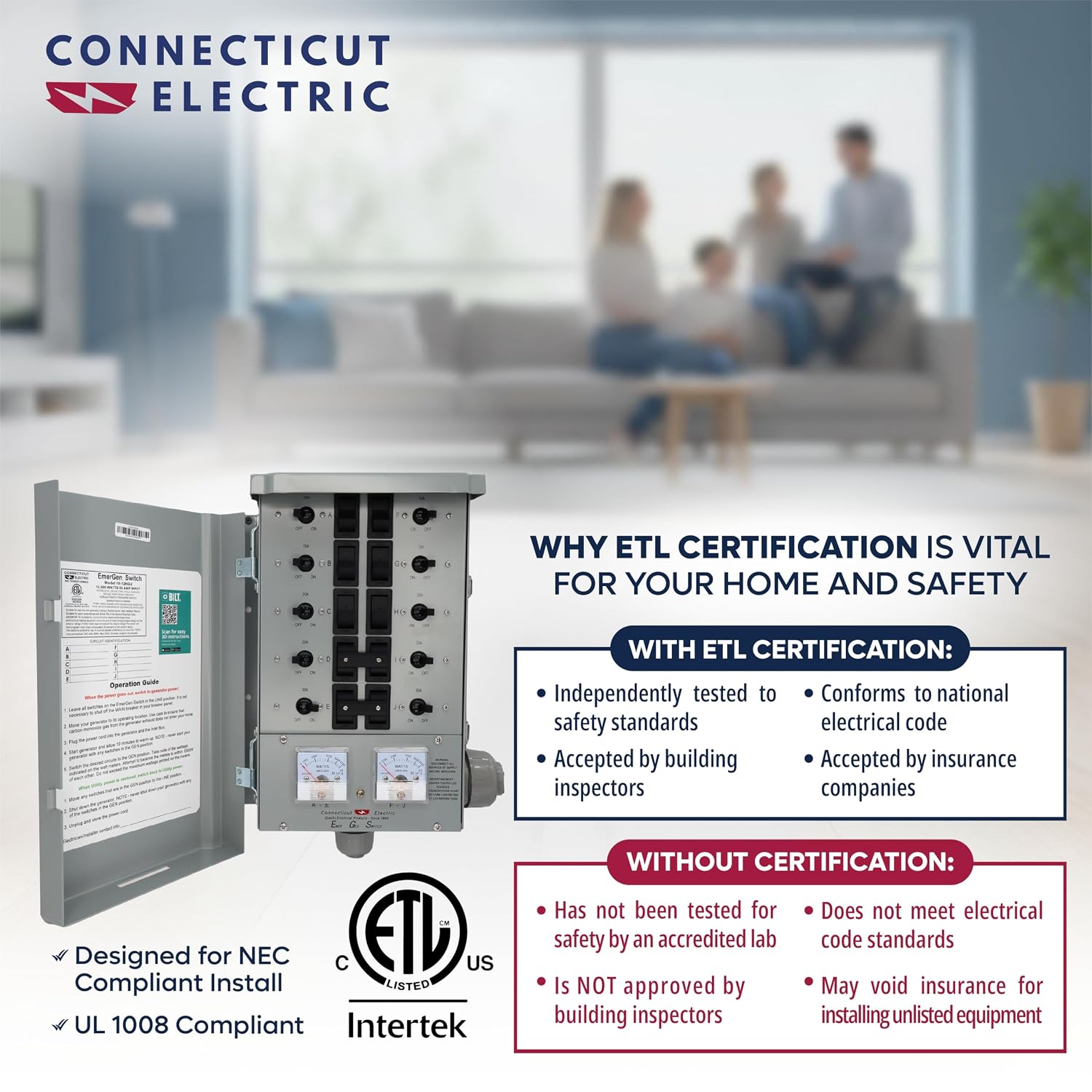 Connecticut Electric EmerGen Manual Transfer Switch Kit 30 Amp, 50 Foot Cord, 10-Circuit, 7500 Watts, EGS107501G2K50 for Portable Generator (with 50 FT Generator Cord)