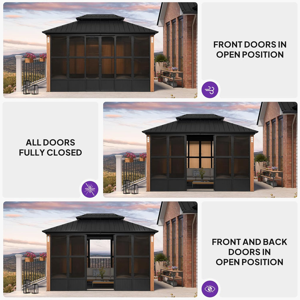 PURPLE LEAF Hardtop Gazebo Sunroom 10' x 13', Enclosed Patio Solarium with Mesh & Removable PC Panels, Magnetic Sliding Doors Outdoor Living Space for Backyard Lounge, Dining & Spa
