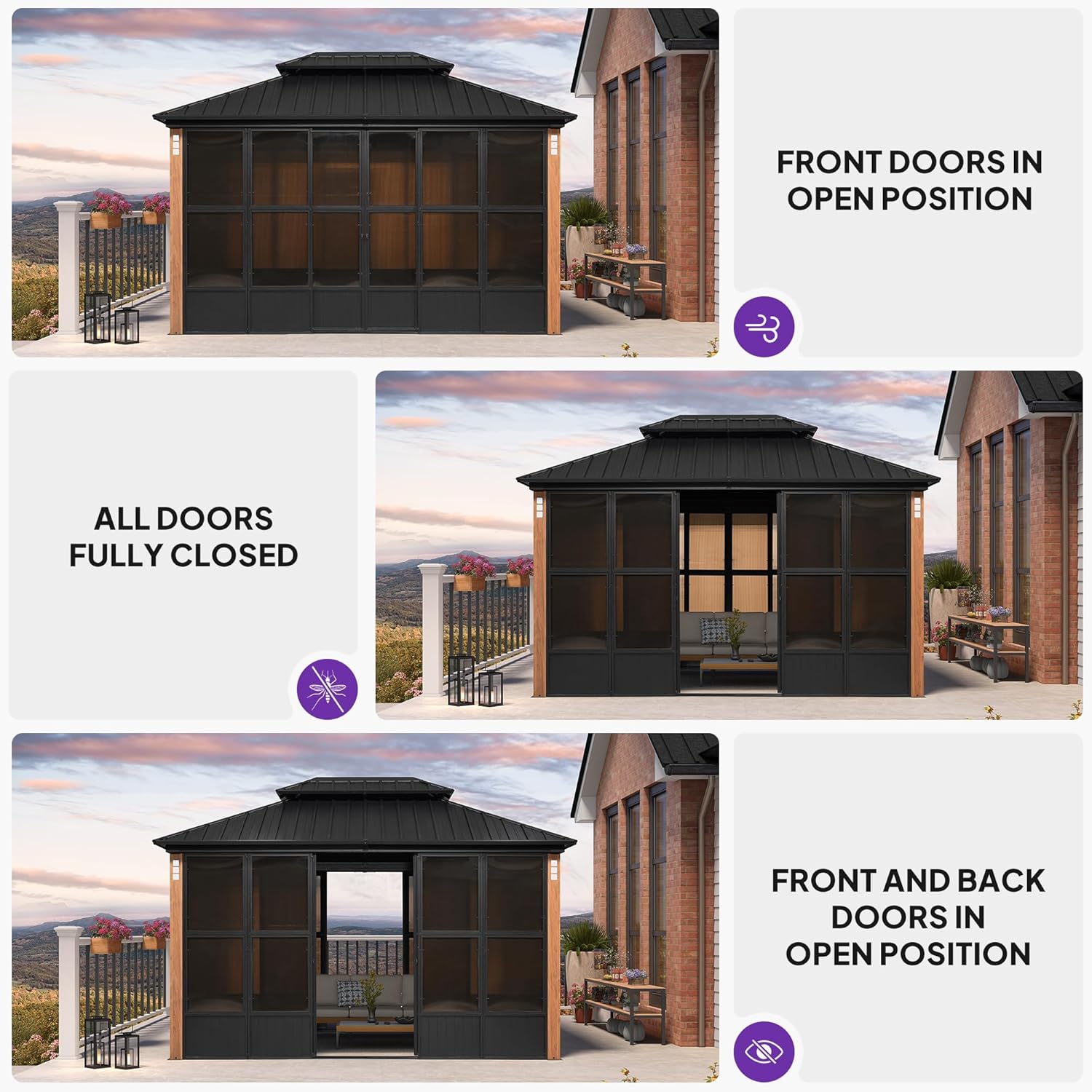 PURPLE LEAF Hardtop Gazebo Sunroom 10' x 13', Enclosed Patio Solarium with Mesh & Removable PC Panels, Magnetic Sliding Doors Outdoor Living Space for Backyard Lounge, Dining & Spa