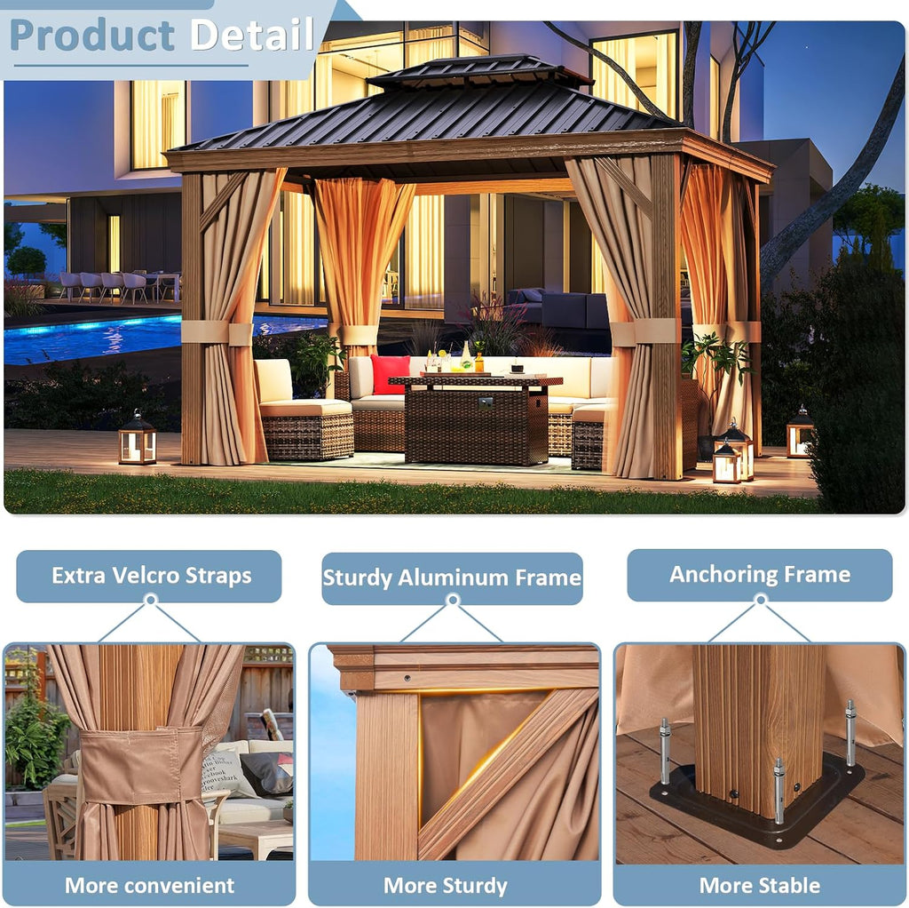 Aoxun 10' x 12' Gazebo, Wooden Finish Coated Aluminum Frame Canopy with Dual-Layer Galvanized Steel Hardtop Top, Outdoor Metal Gazebo with Privacy Curtains and Netting, for Deck, Patio and Backyard