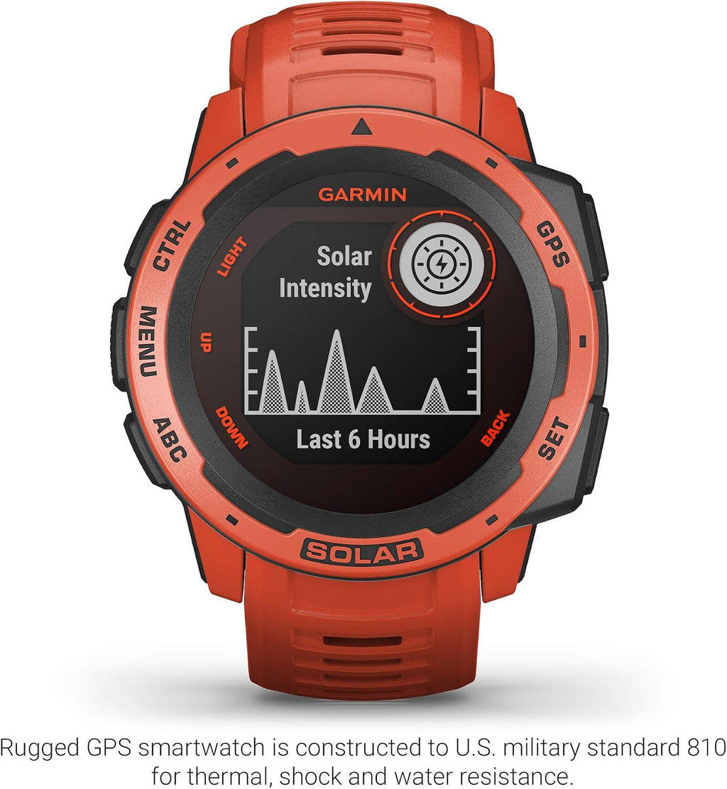 Garmin Instinct Solar, Solar-Powered Rugged Outdoor Smartwatch, Built-in Sports Apps and Health Monitoring, Flame Red