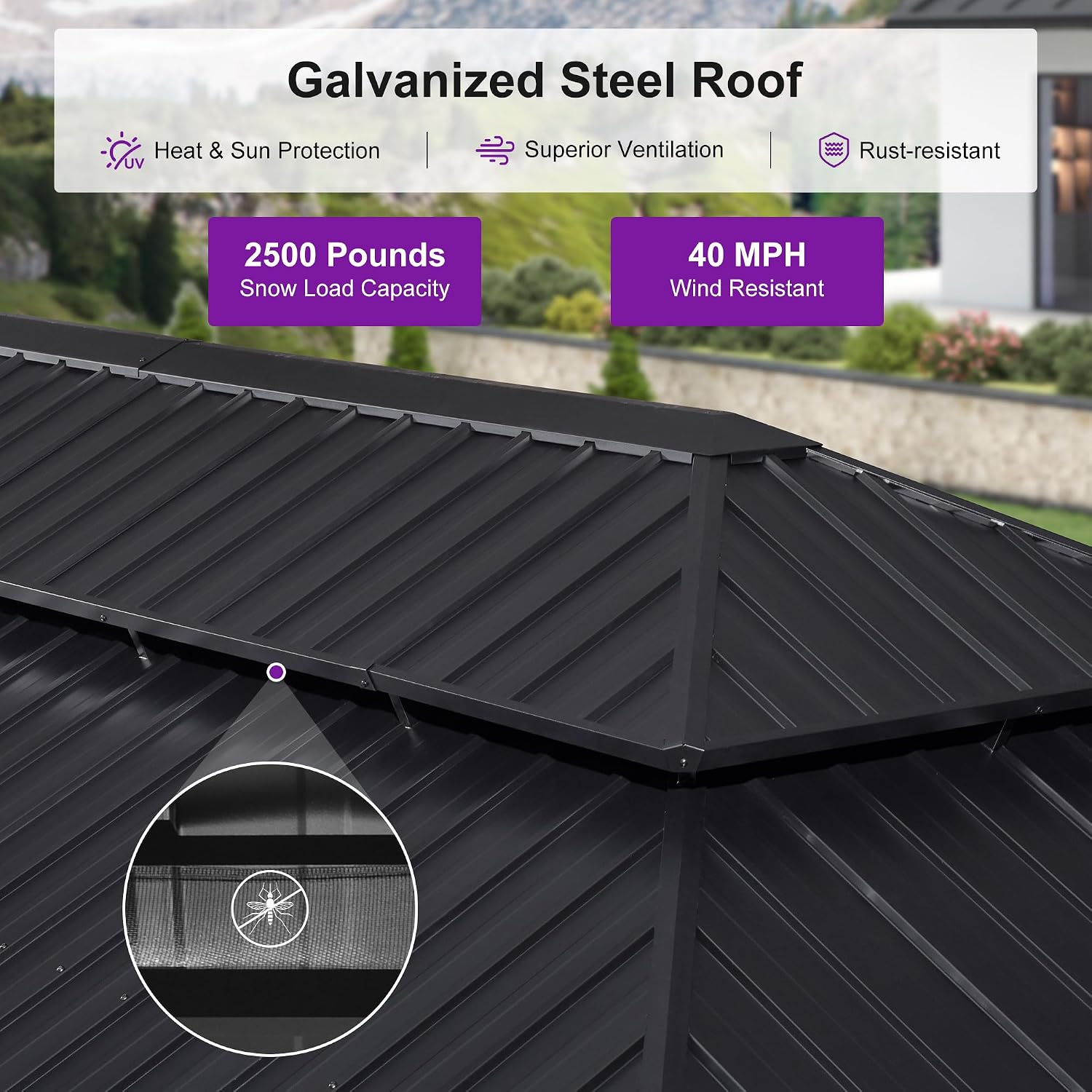 PURPLE LEAF 14' X 24' Outdoor Hardtop Gazebo for Patio Galvanized Steel Double Roof Permanent Canopy Teak Finish Coated Aluminum Frame Pavilion Gazebo with Netting and Khaki Curtains