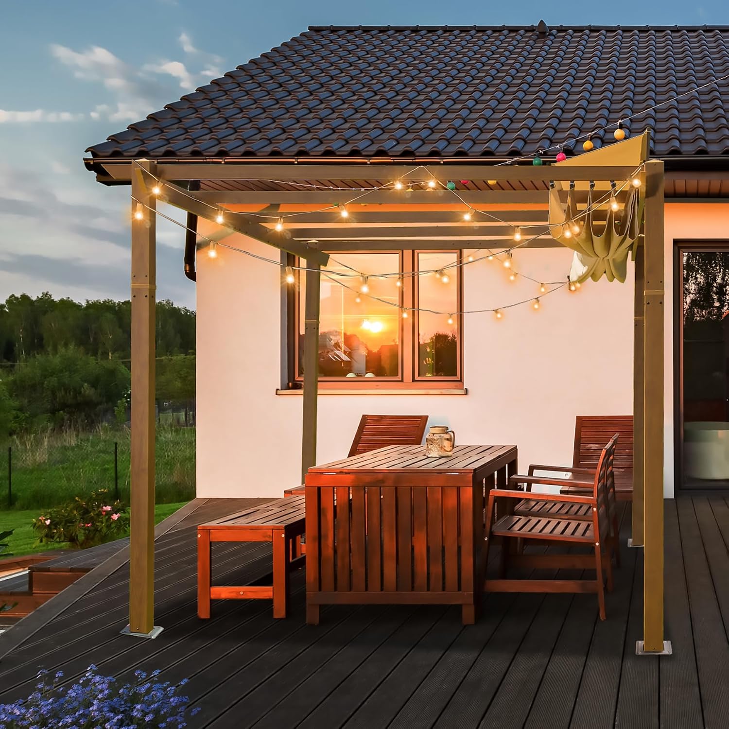 Domi 9' x 13' Outdoor Retractable Pergola Against The Wall with Weather-Resistant Canopy Aluminum Garden Pergola Patio Grill Gazebo for Courtyard(Teak Coated)