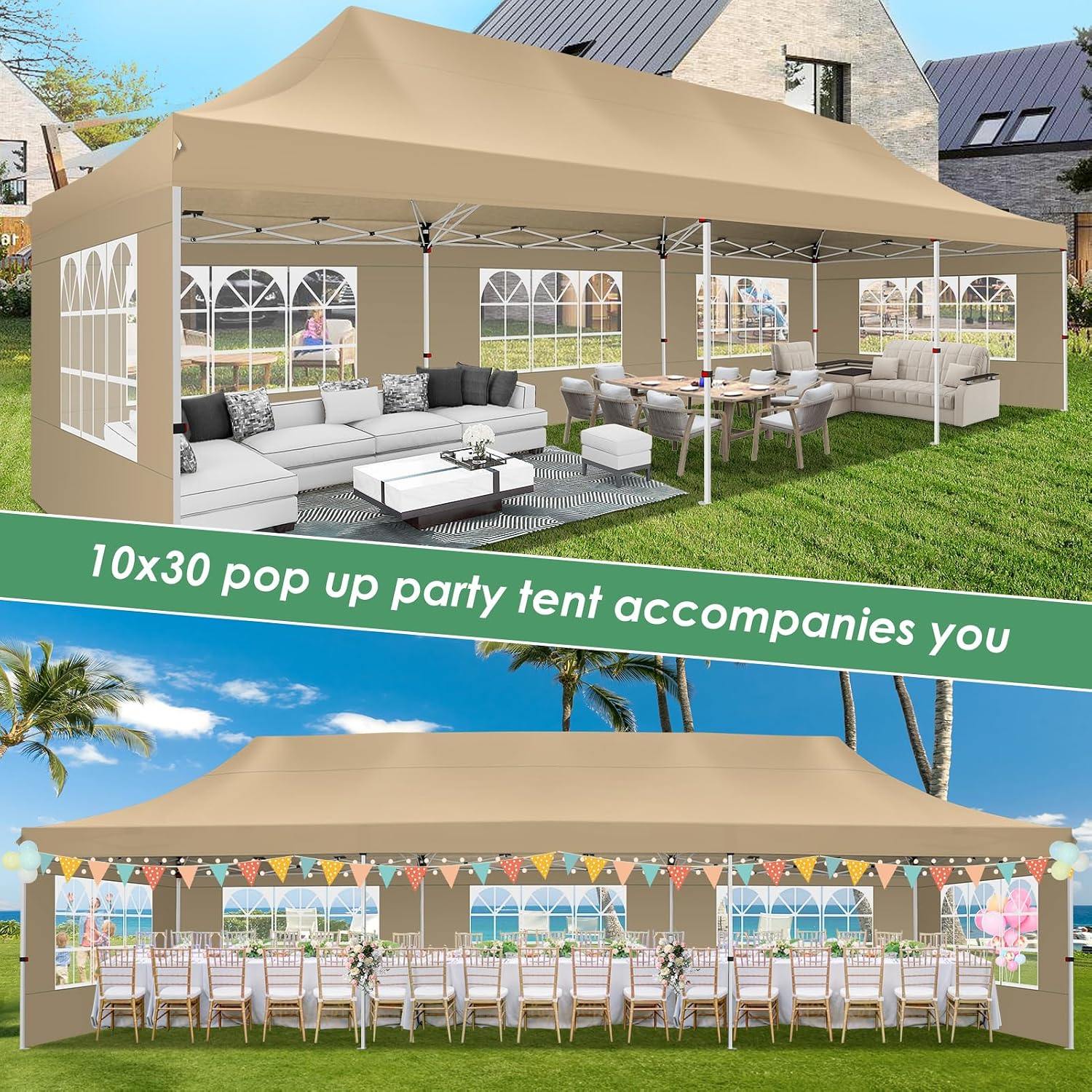 COBIZI 10x30 Pop Up Canopy Party Tents for Parties Waterproof Outdoor Event Shelter with 8 Sidewalls Camping Commercial Wedding Portable Easy to Set up Gazebo Tent for Backyard, Khaki