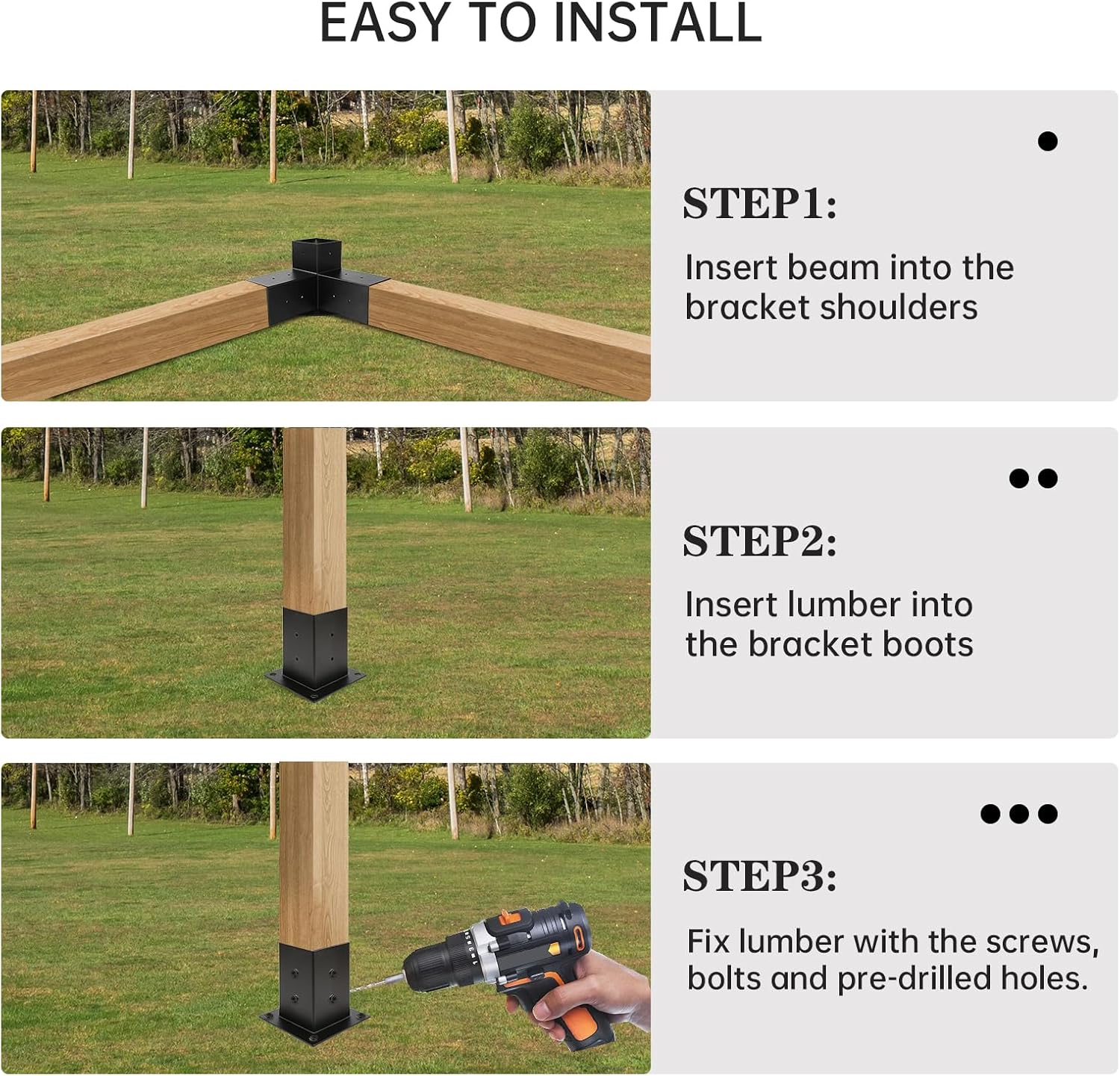 Pergola Kit, Pergola Brackets 3-Way Right Angle Corner Bracket Woodworks DIY Post Base Kit, Wooden Beams for Gazebos Patio Pergolas Log Cabin