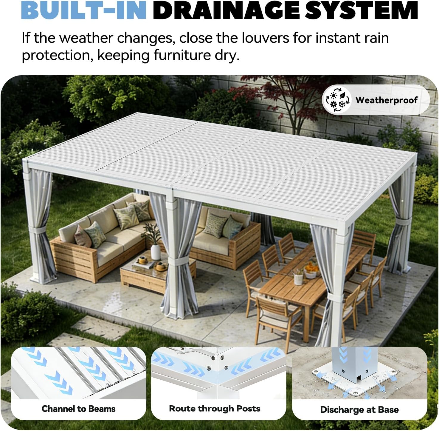 MELLCOM Louvered Pergola 10x20, Steel Aluminum Pergola with Adjustable Louvered Roofs, Outdoor Gazebo with Waterproof Curtains and Nets, White