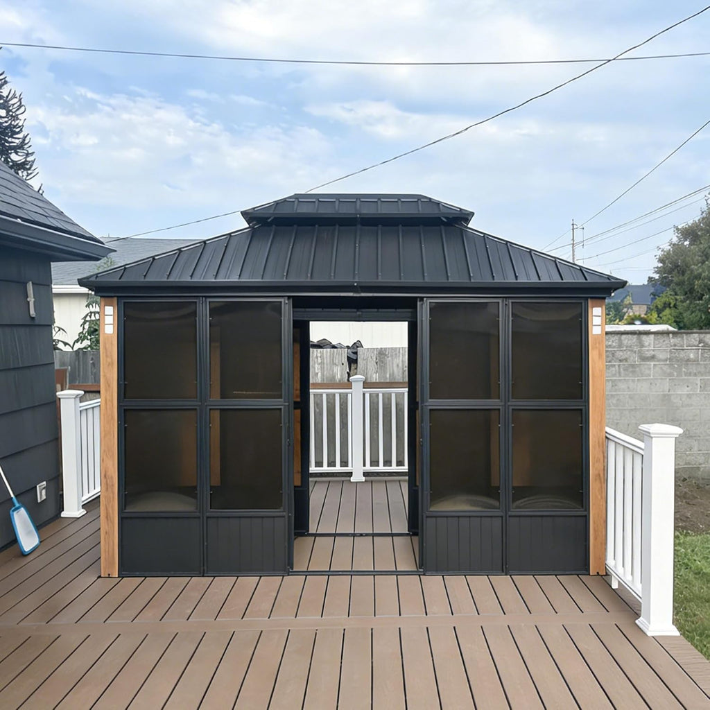 PURPLE LEAF Hardtop Gazebo Sunroom 10' x 13', Enclosed Patio Solarium with Mesh & Removable PC Panels, Magnetic Sliding Doors Outdoor Living Space for Backyard Lounge, Dining & Spa