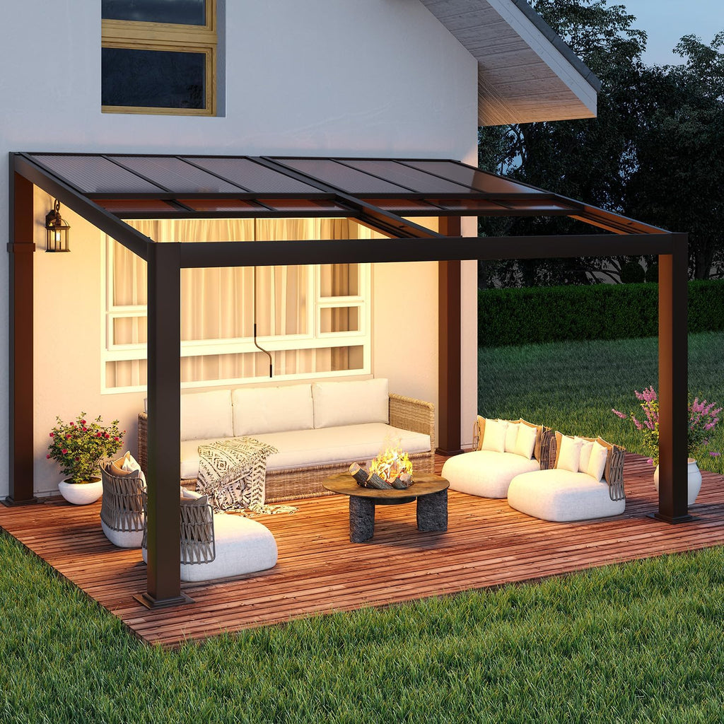 Gazebo 10'x13' with Adjustable Polycarbonate Roofs, All Aluminum Frame Permanent Pergola for Patio, Outdoor Freestanding Shelter, Dark Brown