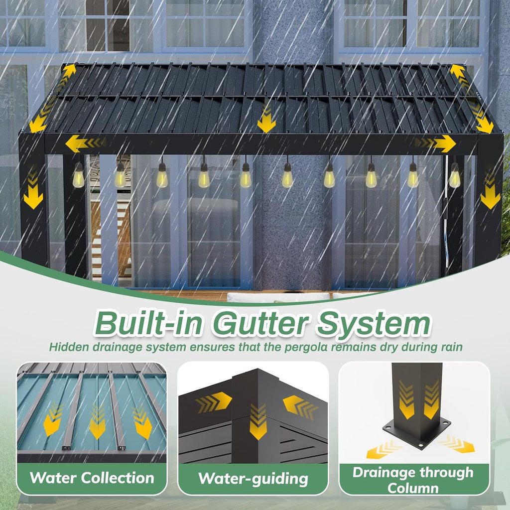 LVUYOYO Outdoor Louvered Pergola 10' x 10' with LED String Lights, Aluminum Pergola with Adjustable Roof, Waterproof Metal Gazebo for Patio, Backyard, Garden, Deck (10x10FT with Lights)