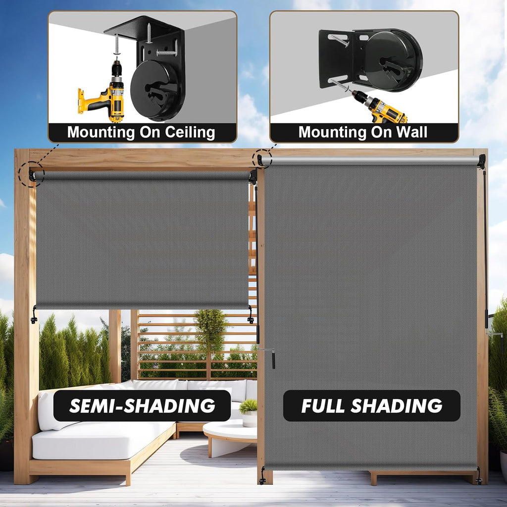 Artpuch Custom Size Outdoor Roller Shade 4' W x 8' H, Cordless Patio Shades Roll Up Outdoor Blinds with 5% Openness Solar Fabric Light Filtering for Porch, Gazebo, Pergola, Grey