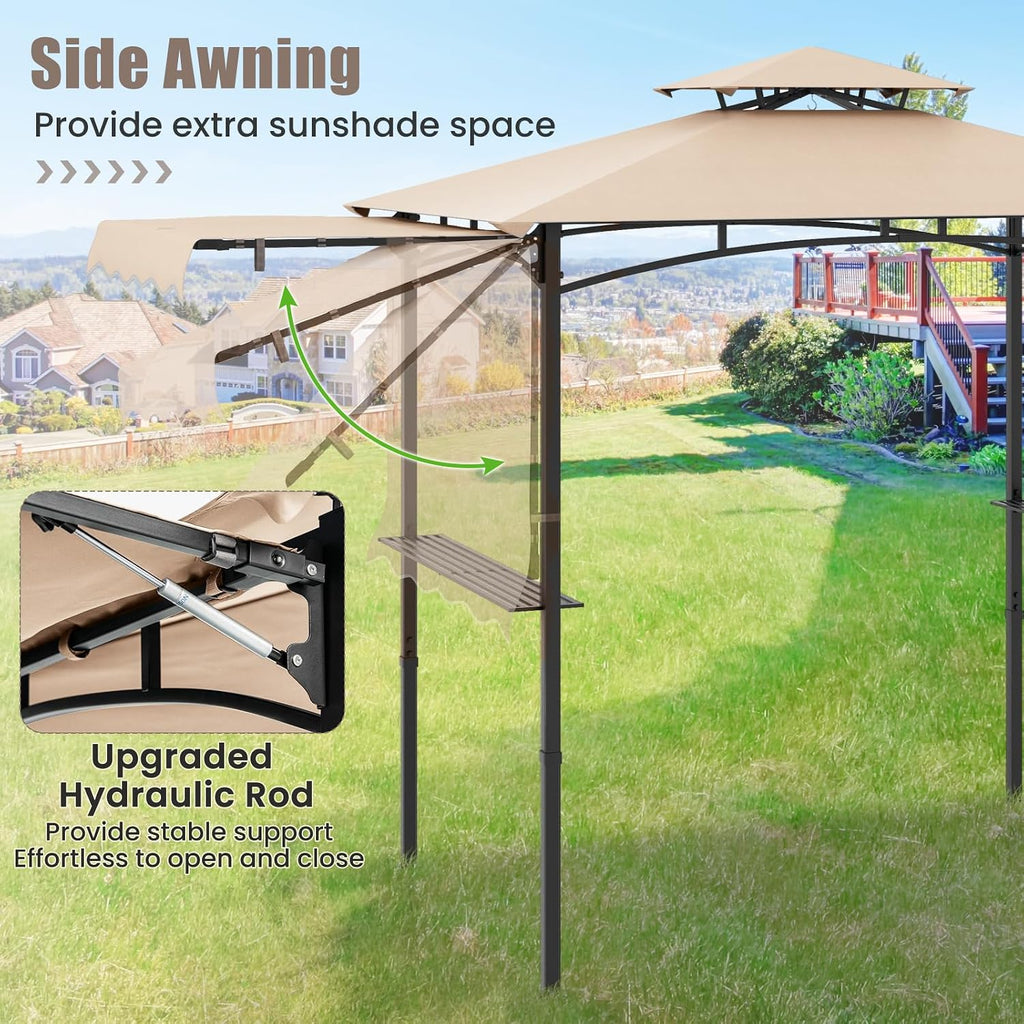 HAPPYGRILL Outdoor Grill Gazebo Canopy 11 x 5 FT, Barbecue Canopy with Double-Tiered Top, 2 Side Shelves, Hanging Hooks, Bottle Opener, Metal Frame, BBQ Grilling Shelter