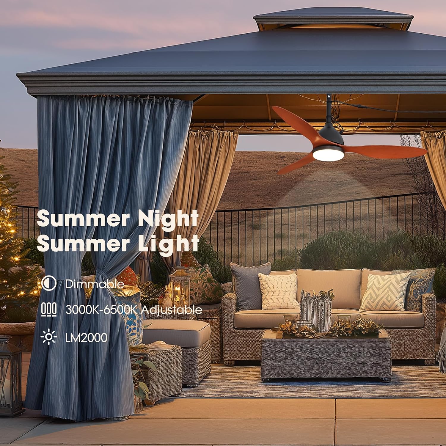 42' Outdoor Ceiling Fan, IP65 Waterproof Gazebo Fan with Light, Remote Control，6 Speeds，3CCT, Plug in Ceiling Fan with Adjustable Hanging Rod for Patio, Porch, Canopy