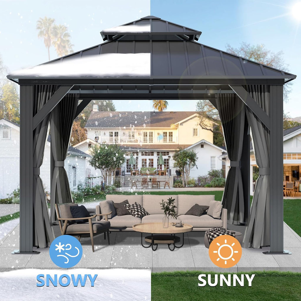 12'x12' Hardtop Gazebo, Outdoor Double Roof Galvanized Steel Gazebo, Aluminum Frame Permanent Pavilion with Curtains & Netting for Backyard, Patio, Deck (12x12)