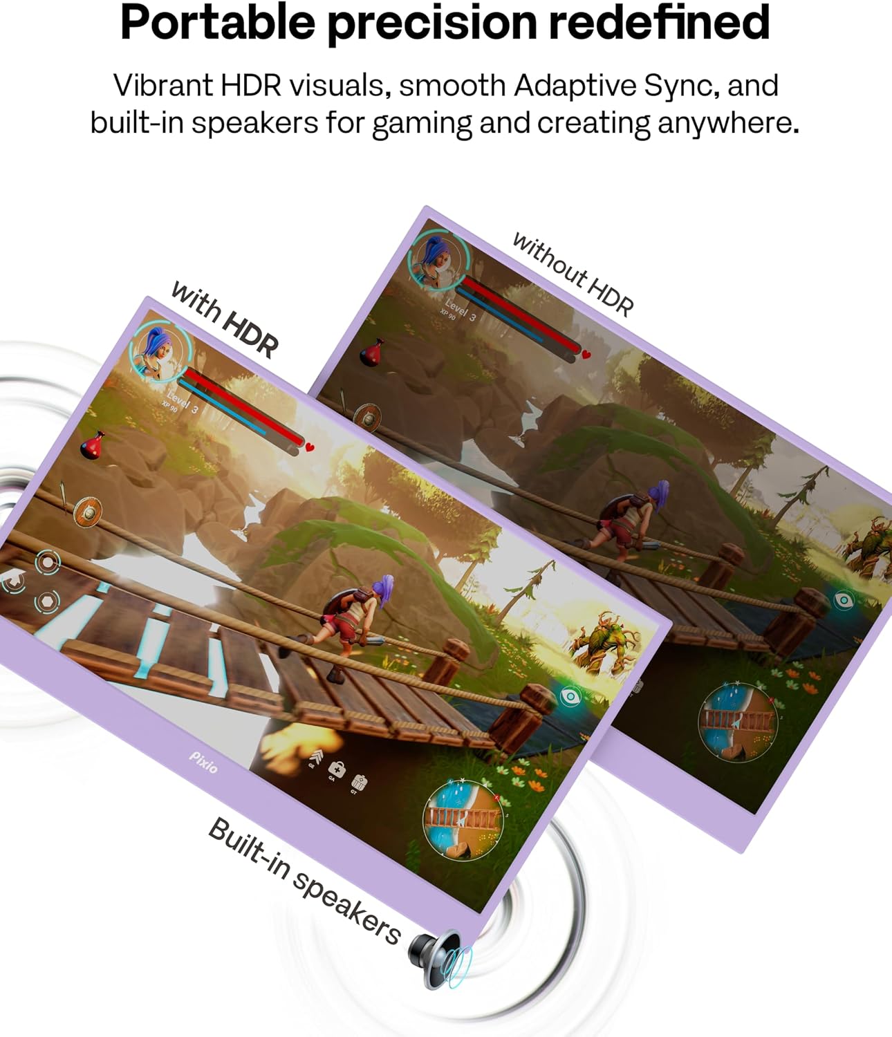 Pixio PX160 Wave Purple Portable Monitor 15.6 inch 60Hz FHD 1080p IPS Panel HDR Screen Cover Stand USB-C HDMI Laptop Screen Extender Portable Monitor for Laptop, PC, Console, Phone