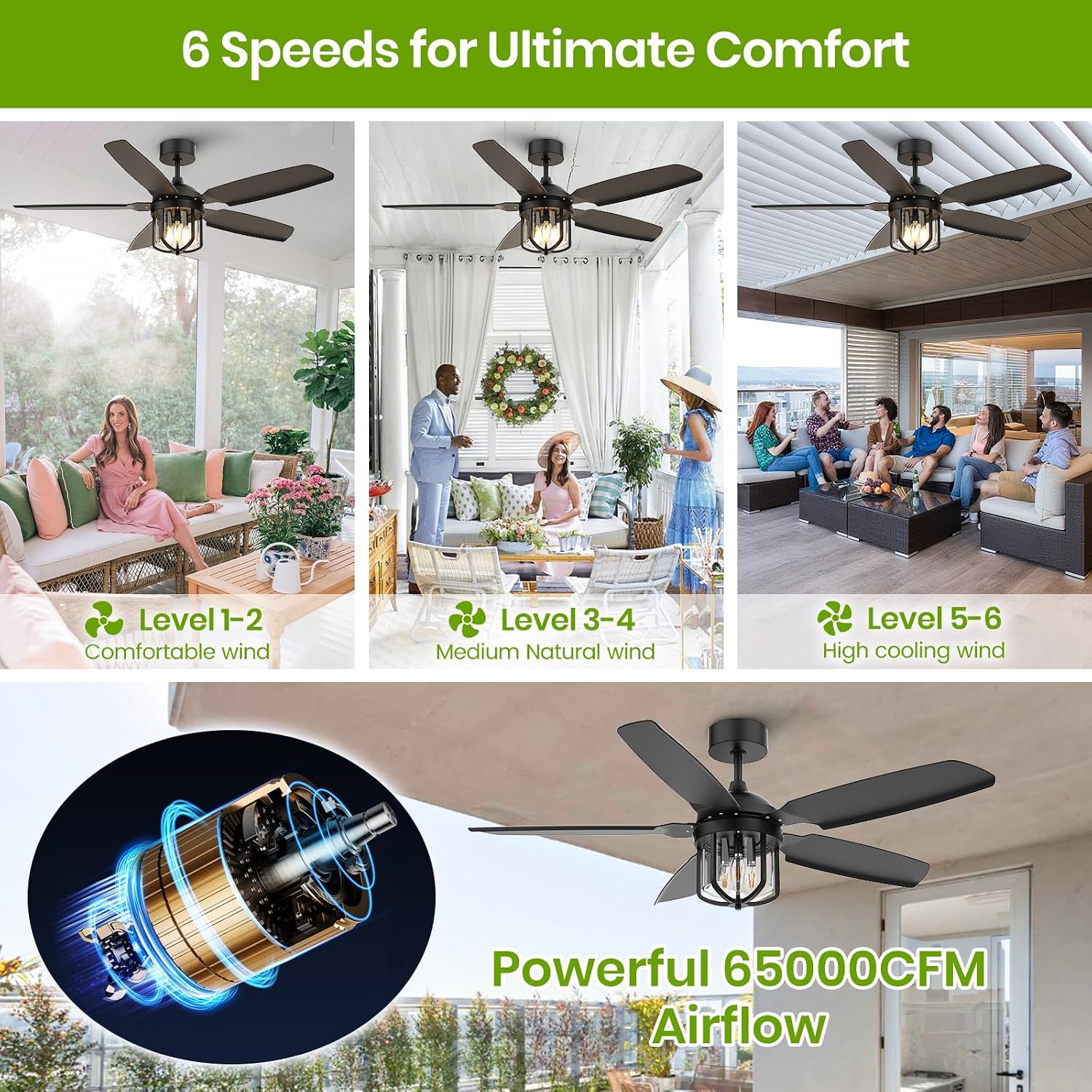 52 inch Outdoor Ceiling Fans with Lights for Patios, IP65 Waterproof Ceiling Fan with Remote and 6-Speed DC Motor, Gazebo Ceiling Fan for Porch Pavilion Farmhouse Black (Included 3pcs Bulb)
