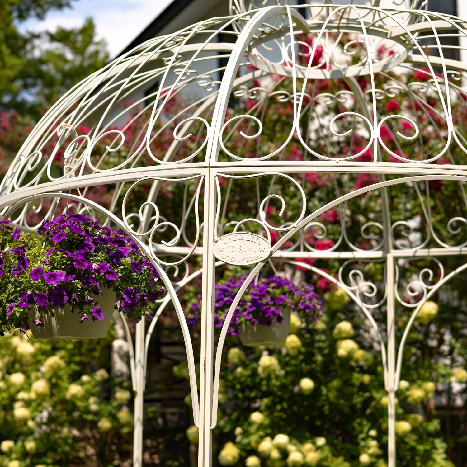 Large Round Metal Garden Gazebo with 3 Entries and Side Walls (Antique White)
